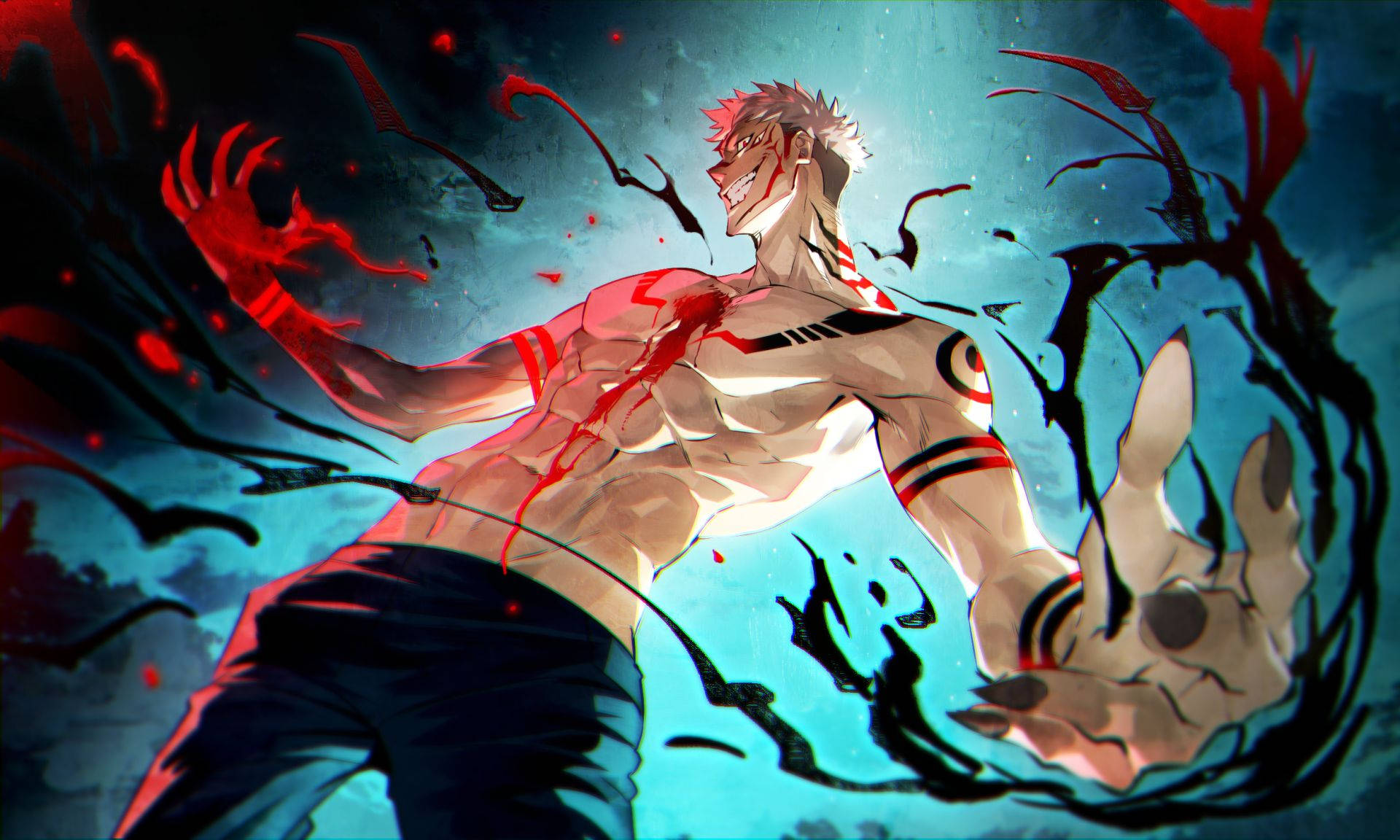 Jujutsu Kaisen Desktop 桌布 壁紙 — 一個肌肉發達的動漫紅髮男子，在暴風雨般的青綠色天空下釋放出暗紅色的能量觸手。