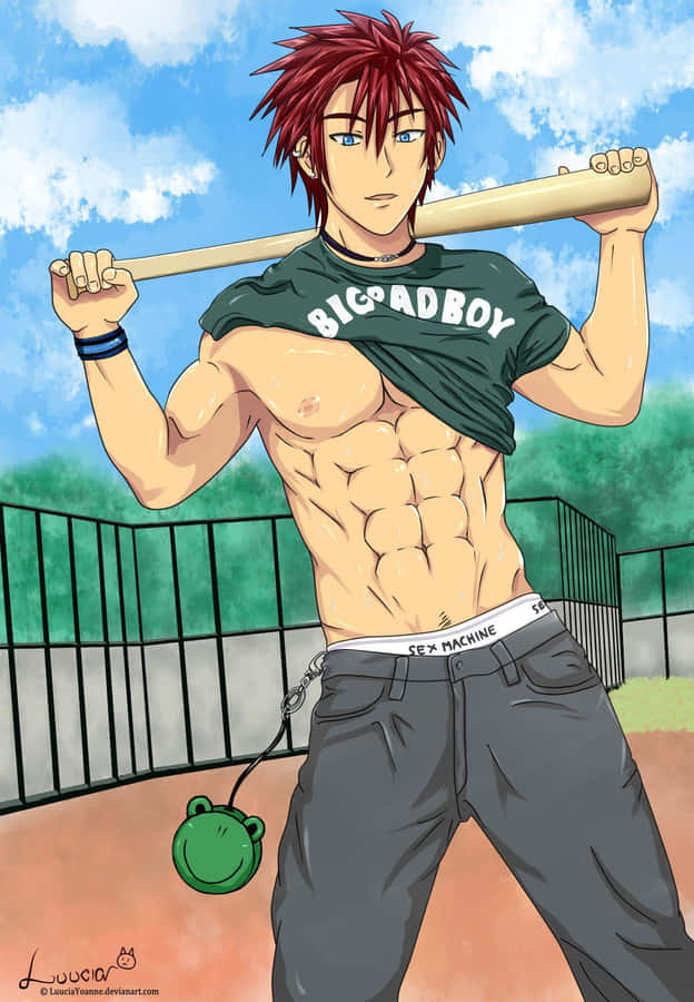 Gay Anime 桌布 壁紙 — 一個肌肉發達的動漫紅髮男子，肩上扛著棒球棍，背景是晴朗的藍天和白雲。