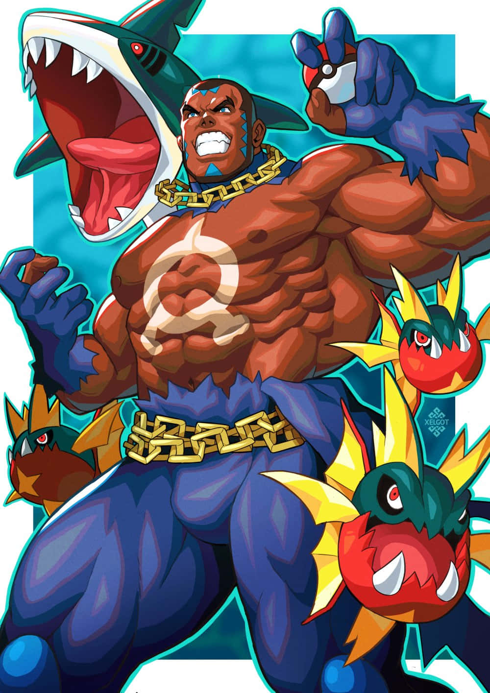 Pokemon Aesthetic 桌布 壁紙 — 一個肌肉發達的動漫英雄，擁有鯊魚頭和精靈球，被火焰般的龍形生物包圍，呈現大膽的漫畫藝術風格。