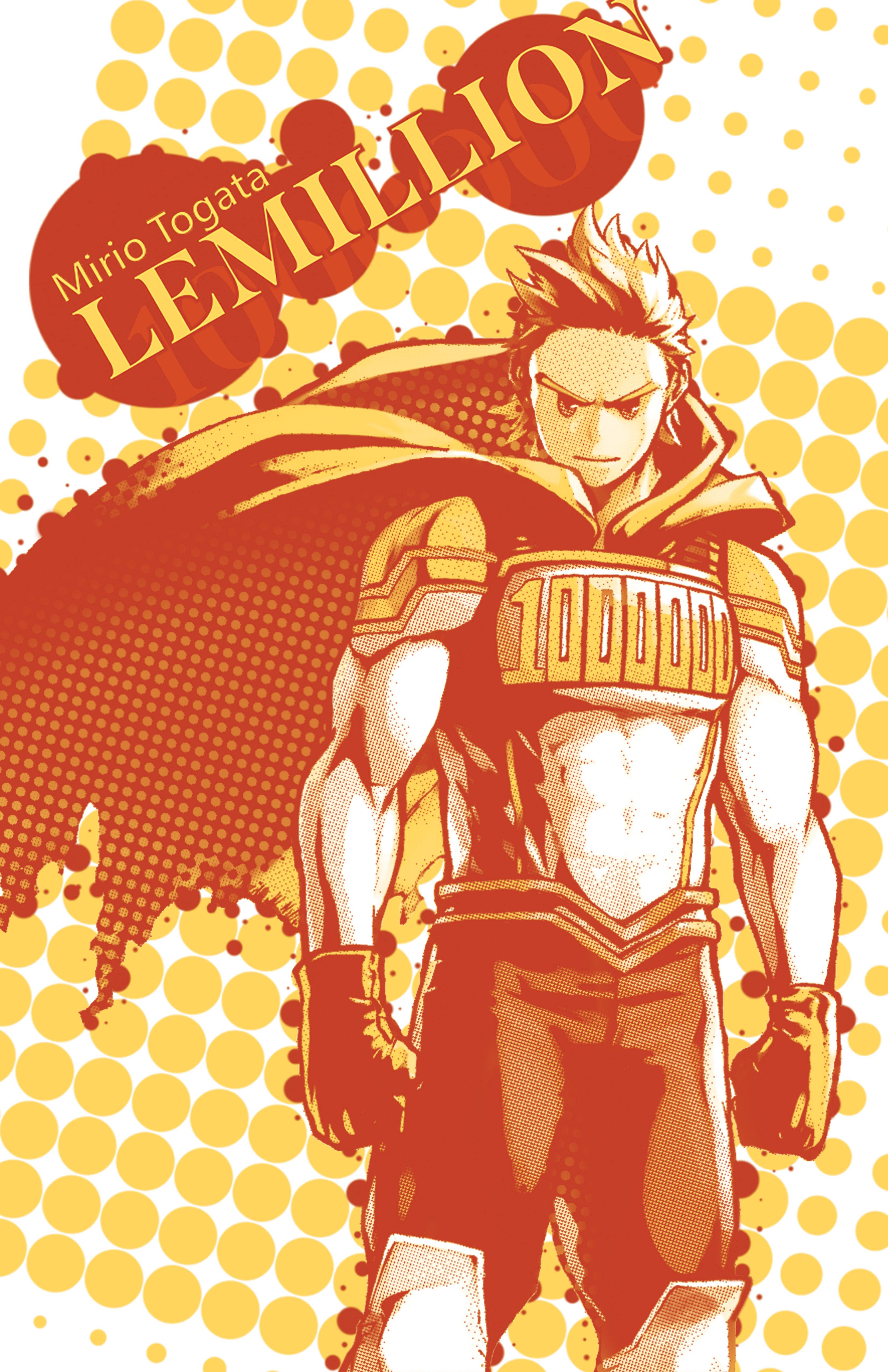 Lemillion 桌布 壁紙 — 一個肌肉發達的動漫英雄，身穿紅金色套裝，在黃色圓點背景前以大膽的漫畫風格挑釁地站立。