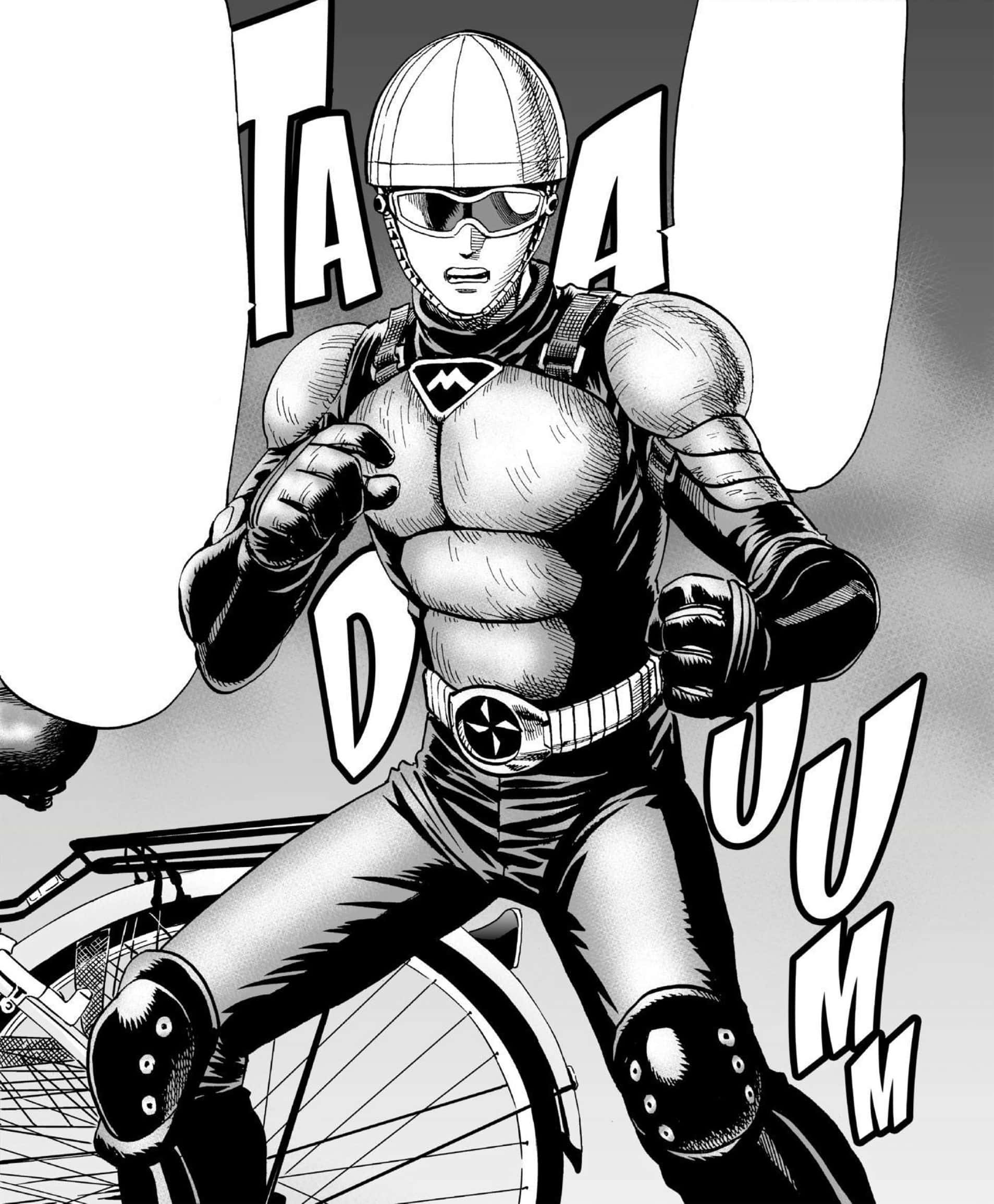 Mumen Rider 桌布 壁紙 — 一個肌肉發達的動漫英雄全副武裝騎著自行車，伴隨著動態音效，呈現在高對比度的黑白漫畫面板中。
