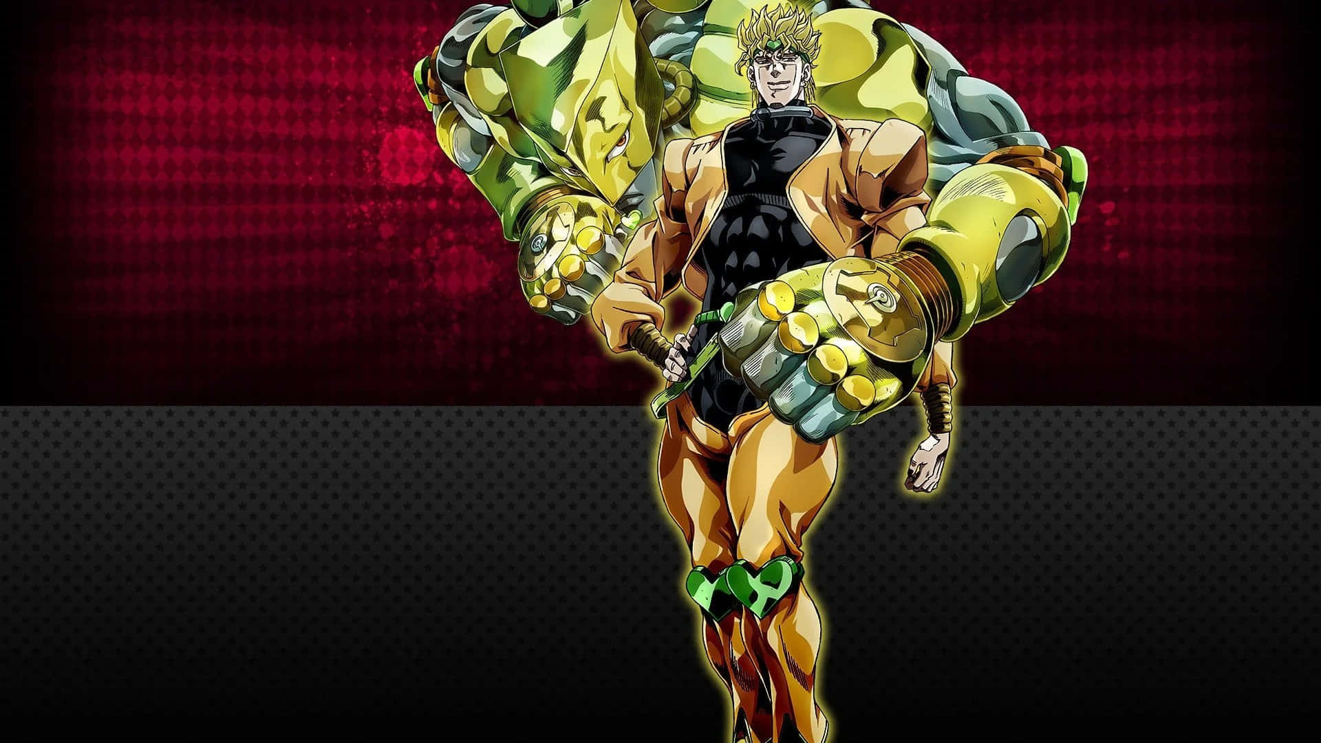 Diamond Is Unbreakable 桌布 壁紙 — 一個肌肉發達的動漫英雄穿著金色盔甲，在紅色和黑色紋理背景上揮舞著劍。