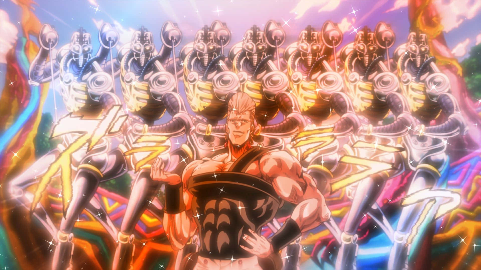 Stardust Crusaders 桌布 壁紙 — 一個肌肉發達的動漫英雄自信地站在發光的機械戰士軍隊前，背景是充滿活力的宇宙天空。