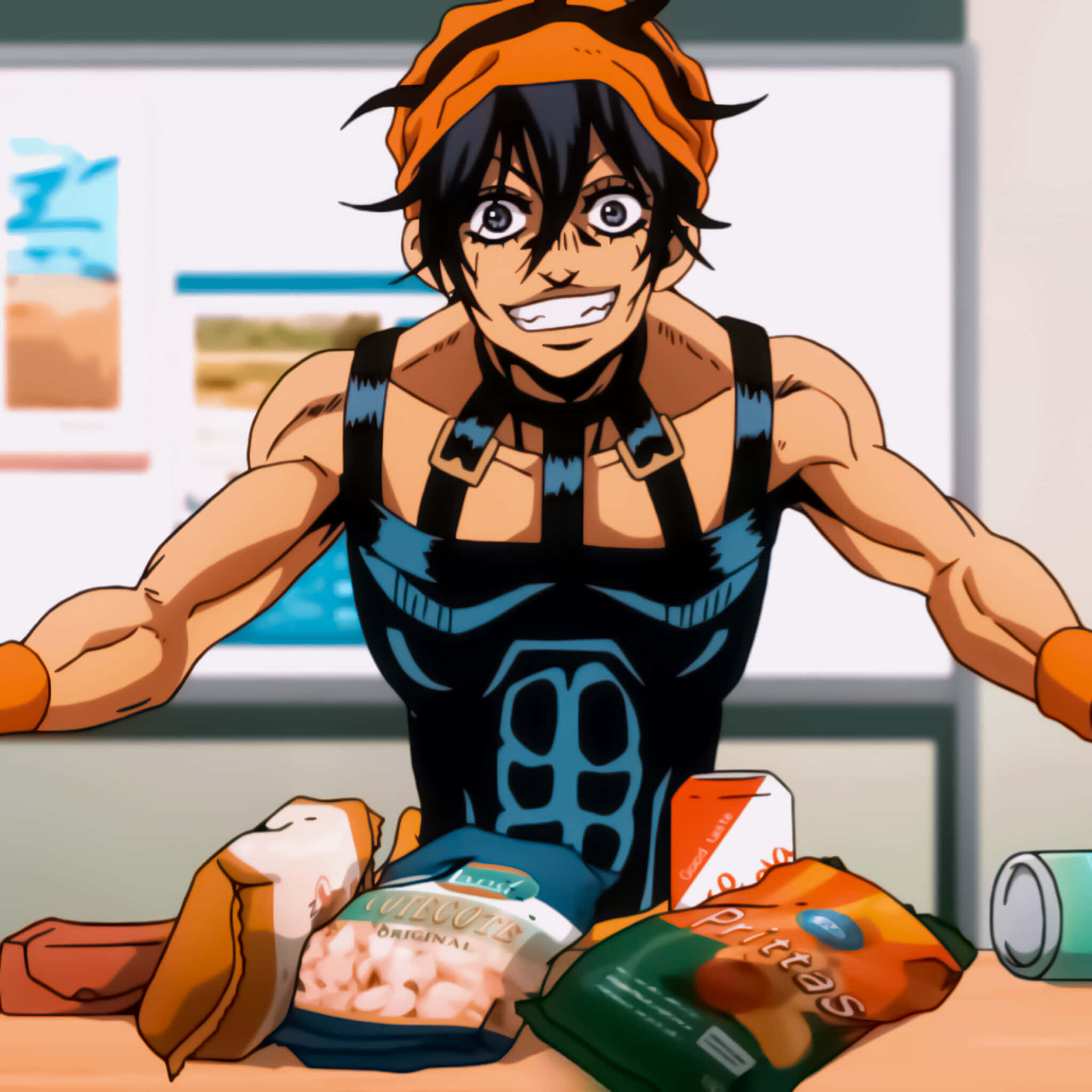 Narancia Ghirga 桌布 壁紙 — 一個肌肉發達的動漫角色，戴著橙色頭帶，在一張堆滿零食袋和汽水罐的桌子後面咧嘴大笑。