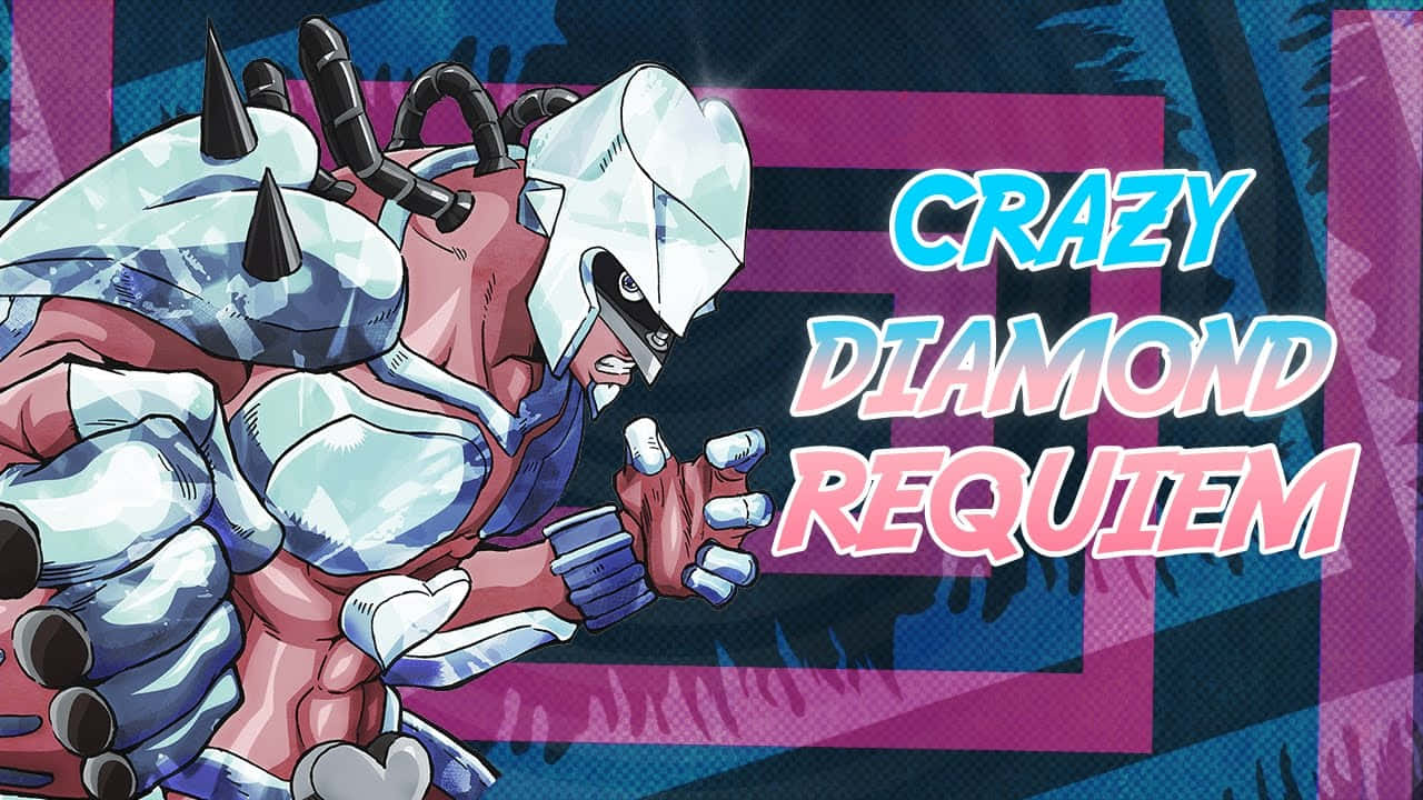 Crazy Diamond 桌布 壁紙 — 一個肌肉發達的動漫角色，戴著白色頭盔和尖刺盔甲，在充滿活力的紫色和藍色背景前向前猛衝。