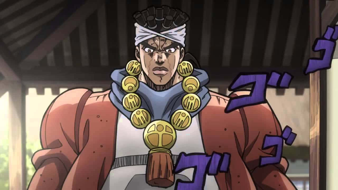 Muhammad Avdol 桌布 壁紙 — 一個肌肉發達的動漫角色，戴著白色頭帶和金幣項鍊，站在一個帶有紫色音效的木結構中。