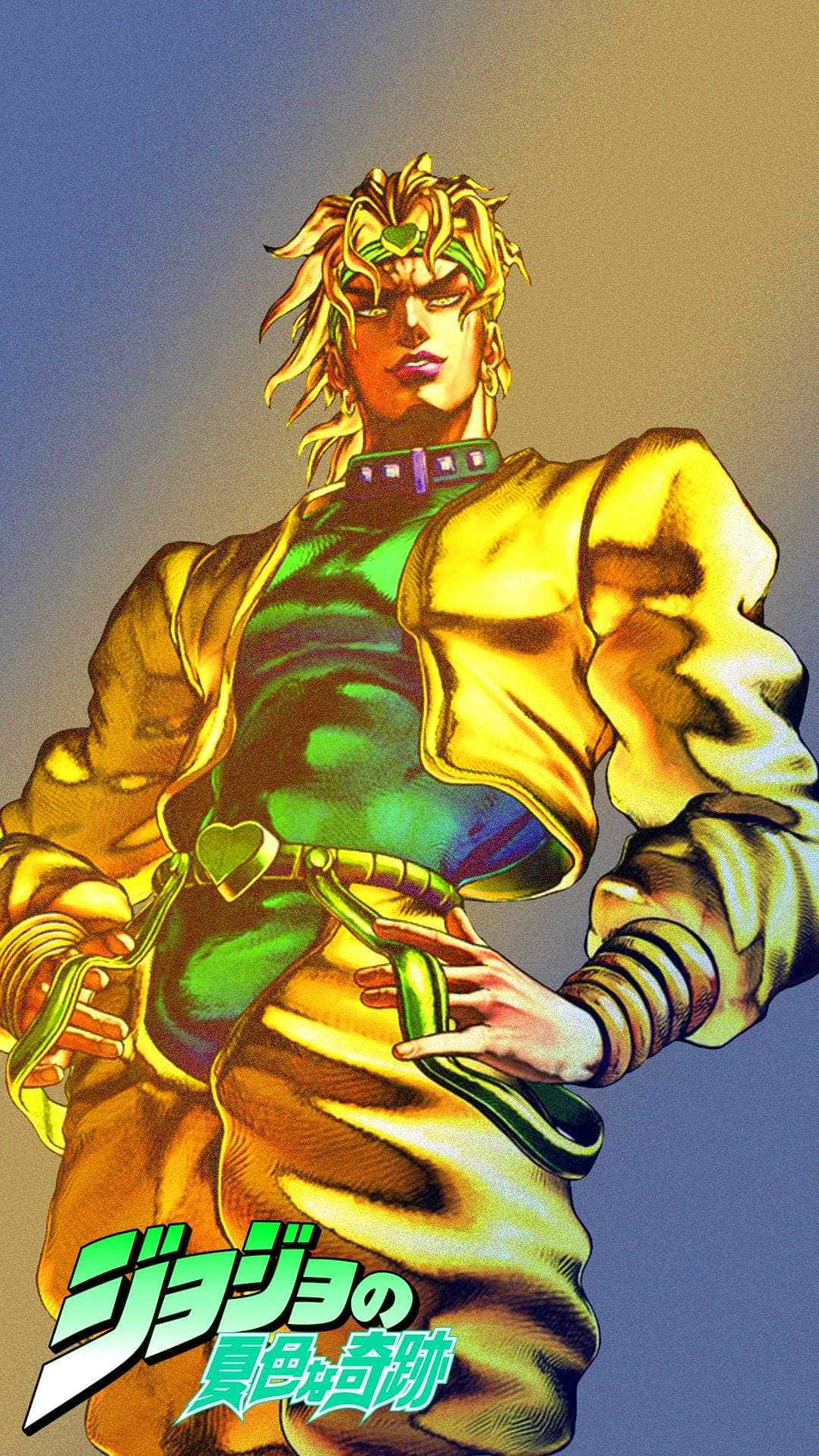 Jjba 桌布 壁紙 — 一個肌肉發達的動漫角色，擁有尖刺金髮和綠色眼睛，穿著金色外套內搭綠色襯衫，背景為藍黃漸變色。