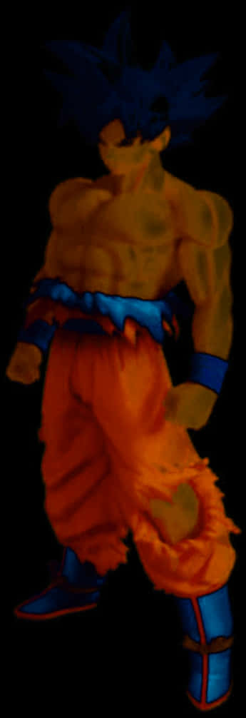 Ultra Instinct Goku 桌布 壁紙 — 一個肌肉發達的動漫角色，擁有尖刺的藍色頭髮和橙色褲子，在黑色背景前擺出戰鬥姿勢。