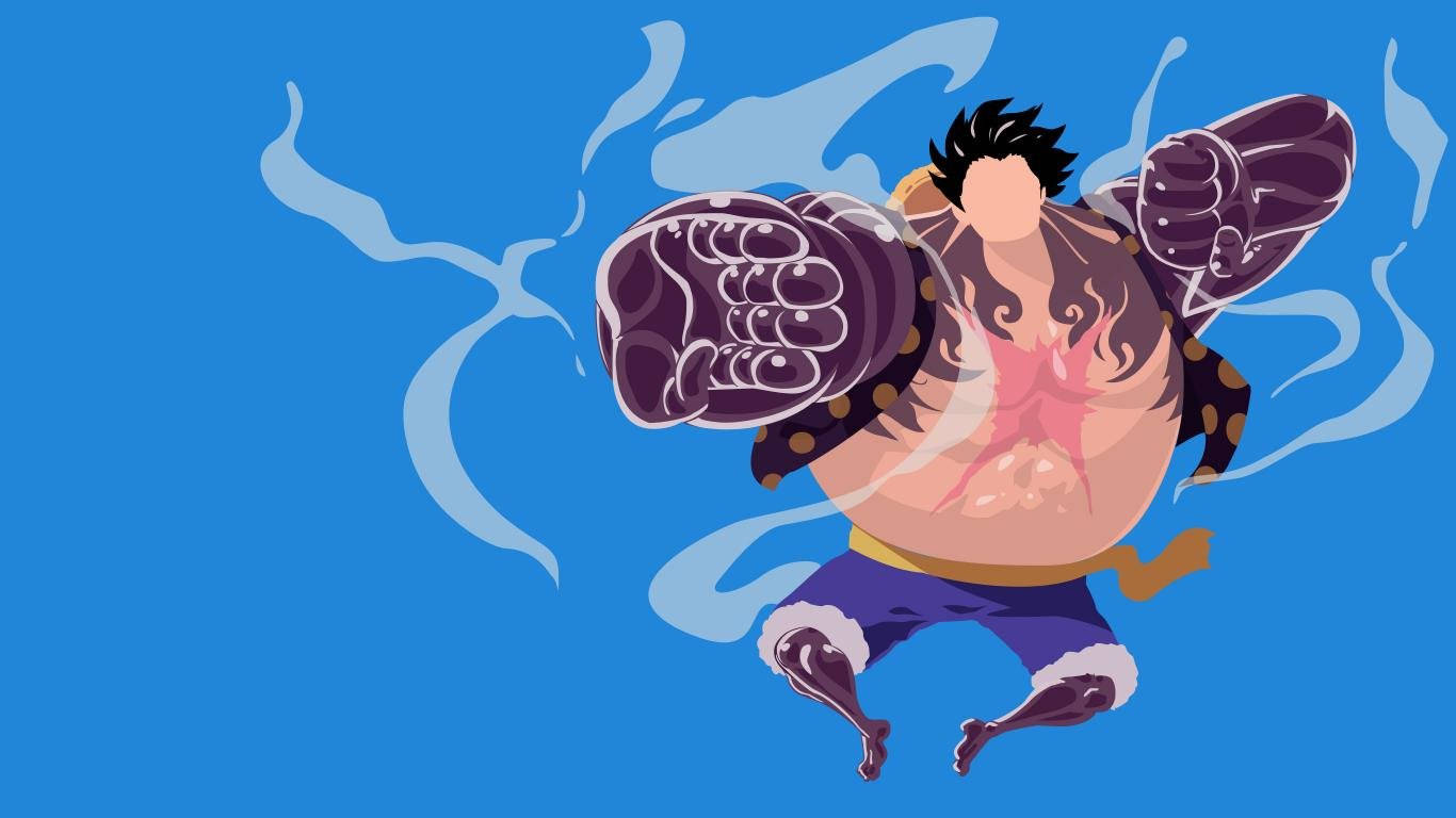 One Piece Blue 桌布 壁紙 — 一個肌肉發達的動漫角色，擁有尖刺黑髮和巨大拳頭，在帶有旋轉煙霧效果的純藍色背景上向前出拳。