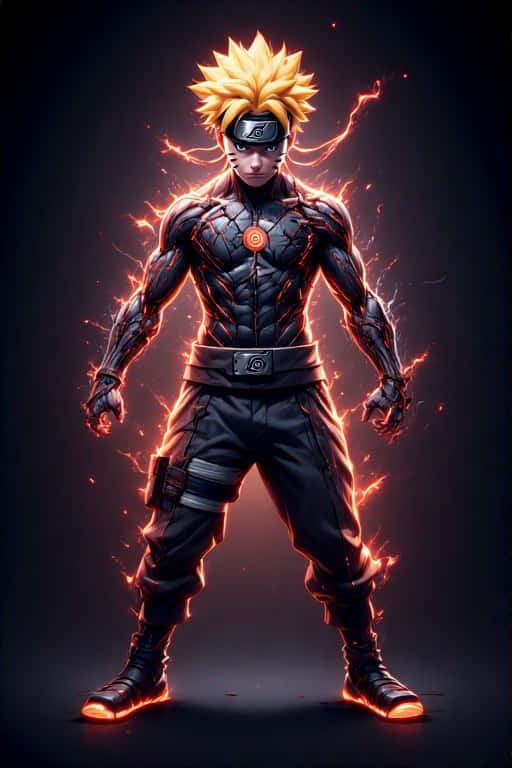 Cyberpunk Naruto Full Body Transformation 4K 壁紙 — 一個肌肉發達的動漫角色，擁有尖刺金髮和黑色忍者裝備，在黑暗背景中，身體周圍帶電，橙色發光能量劈啪作響。