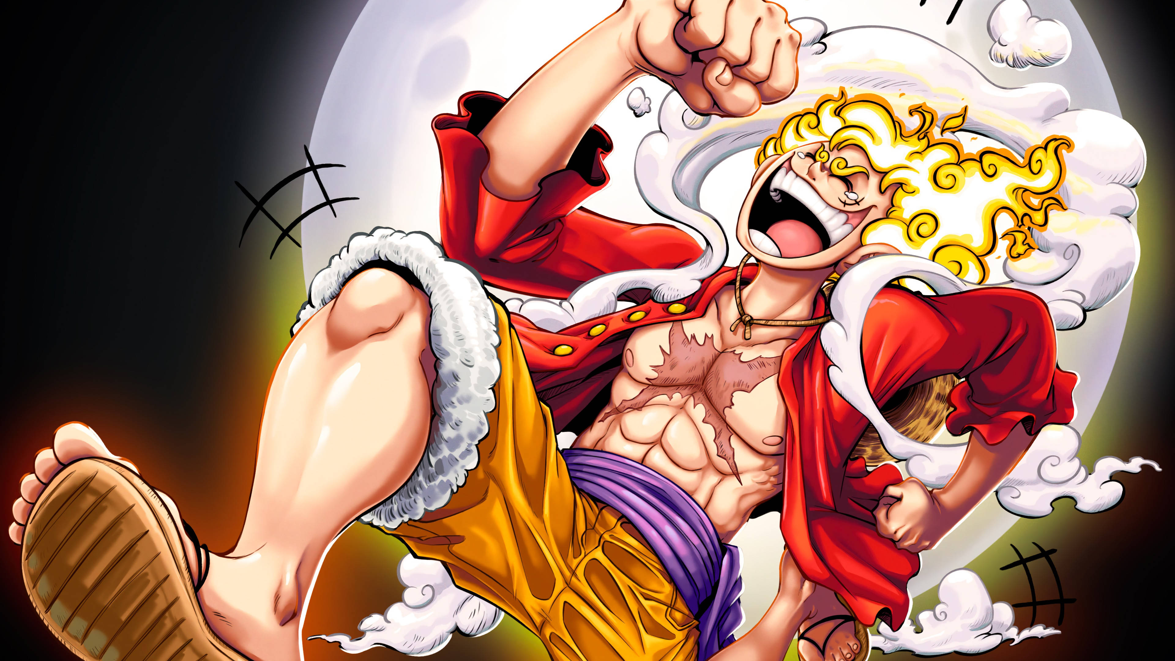 Luffy 桌布 壁紙 — 一個肌肉發達的動漫角色，擁有尖刺金髮和紅色外套，在發光的月亮背景下動態跳躍。