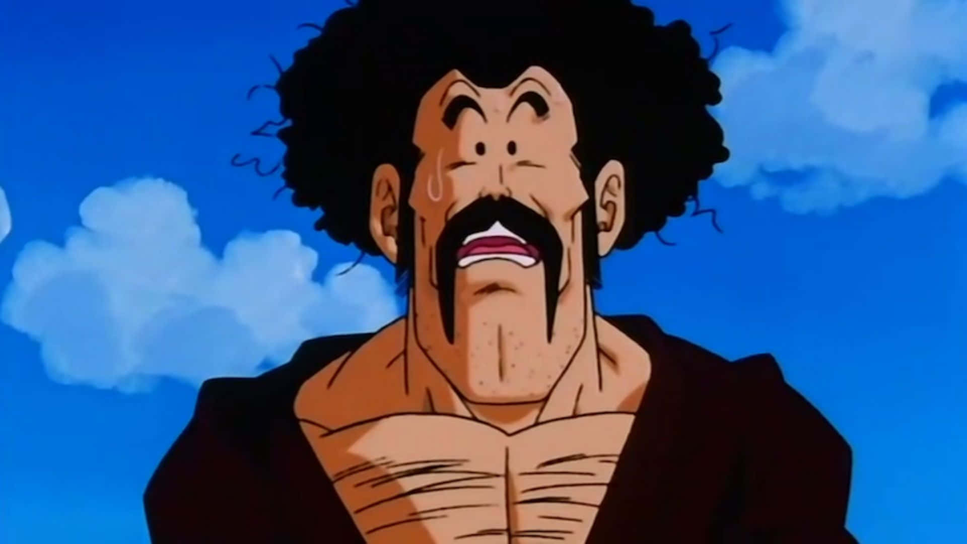 Hercule Satan 桌布 壁紙 — 一個肌肉發達的動漫角色，擁有狂野的黑髮和鬍子，對著有 fluffy 白色雲朵的明亮藍天尖叫。