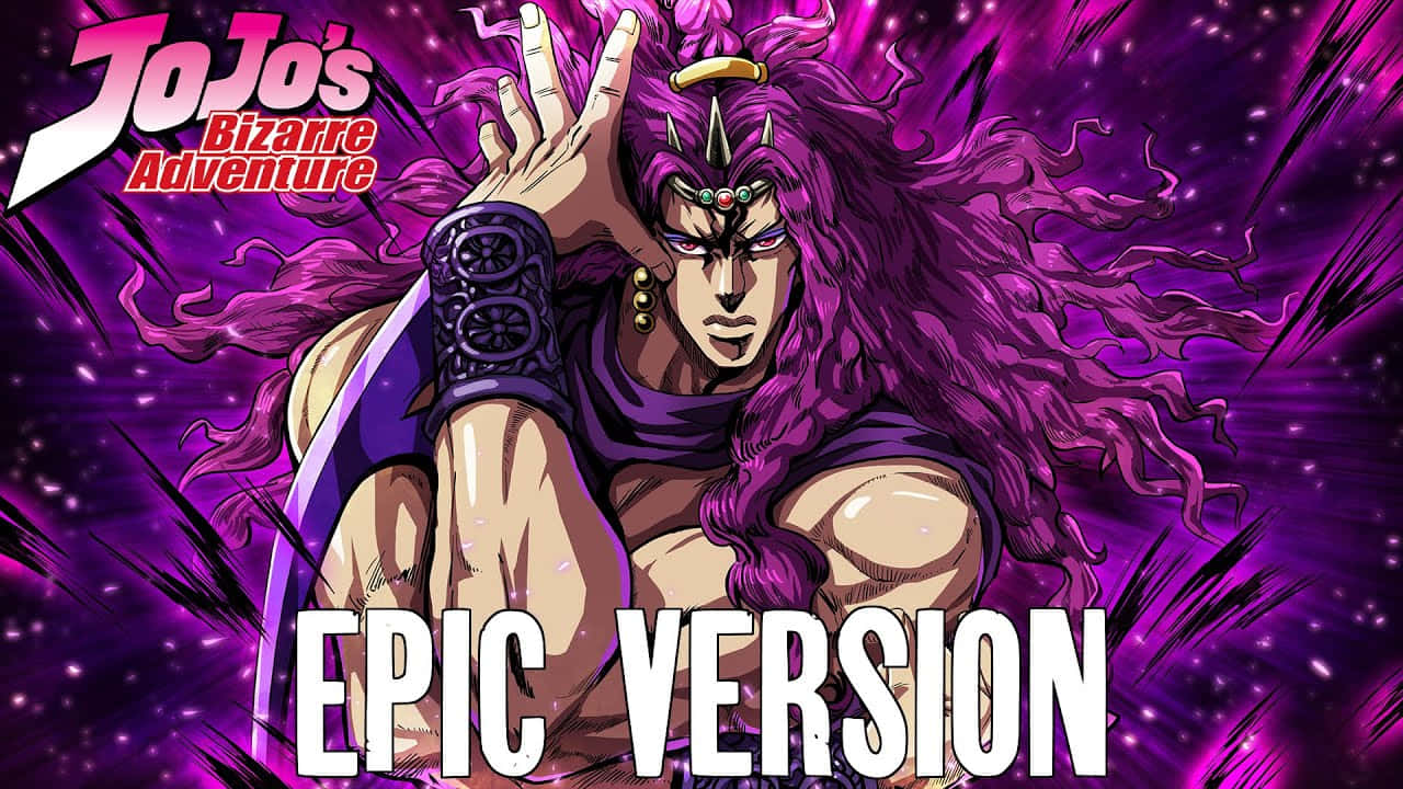 Jojo's Bizarre Adventure Kars 桌布 壁紙 — 一個肌肉發達的動漫角色，擁有狂野的紫色頭髮和華麗的盔甲，在充滿活力的紫色宇宙背景前動態擺姿勢。