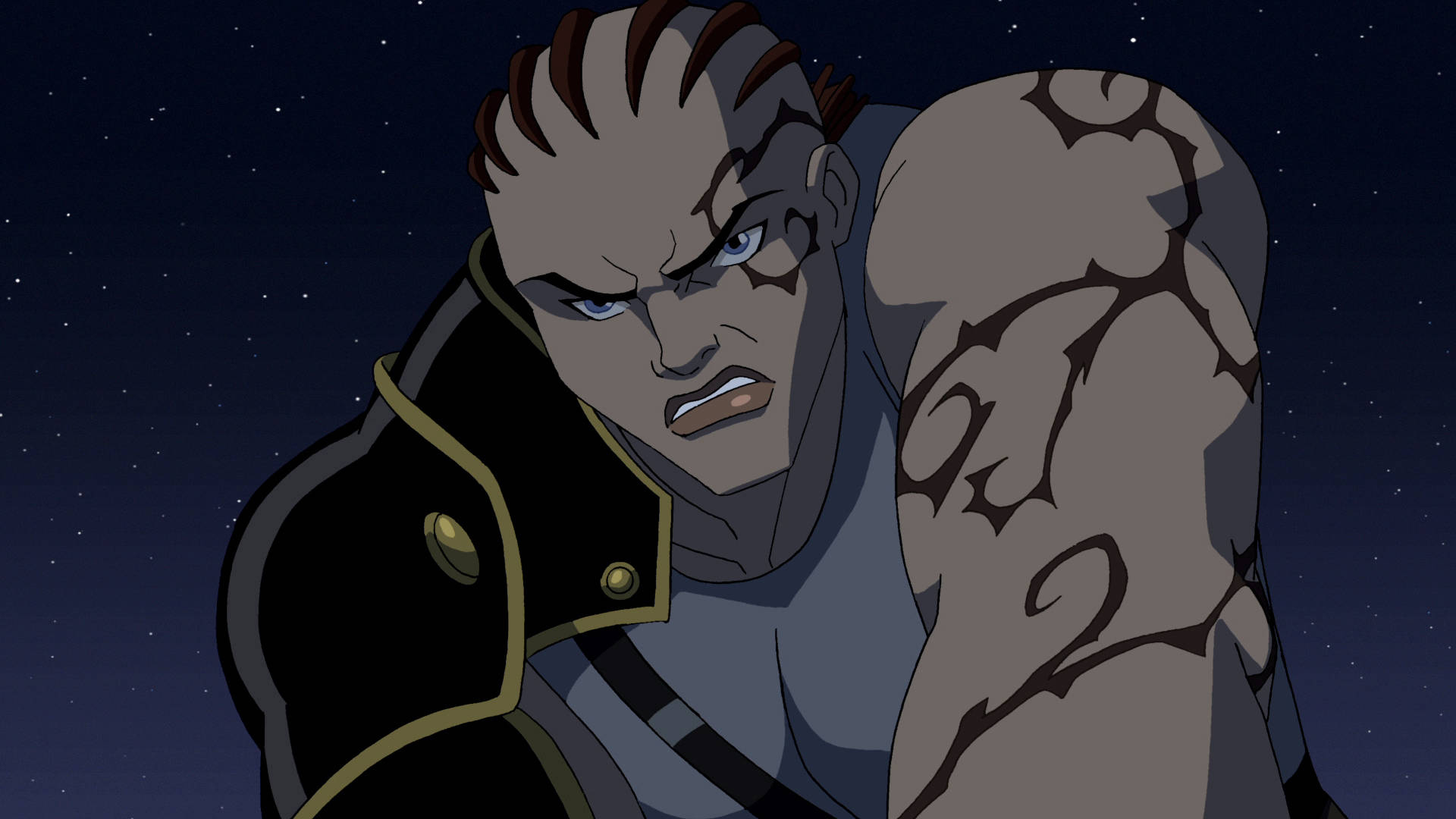 Young Justice 桌布 壁紙 — 一個肌肉發達的動漫角色，擁有石頭般的皮膚和憤怒的表情，站在繁星點點的夜空下。