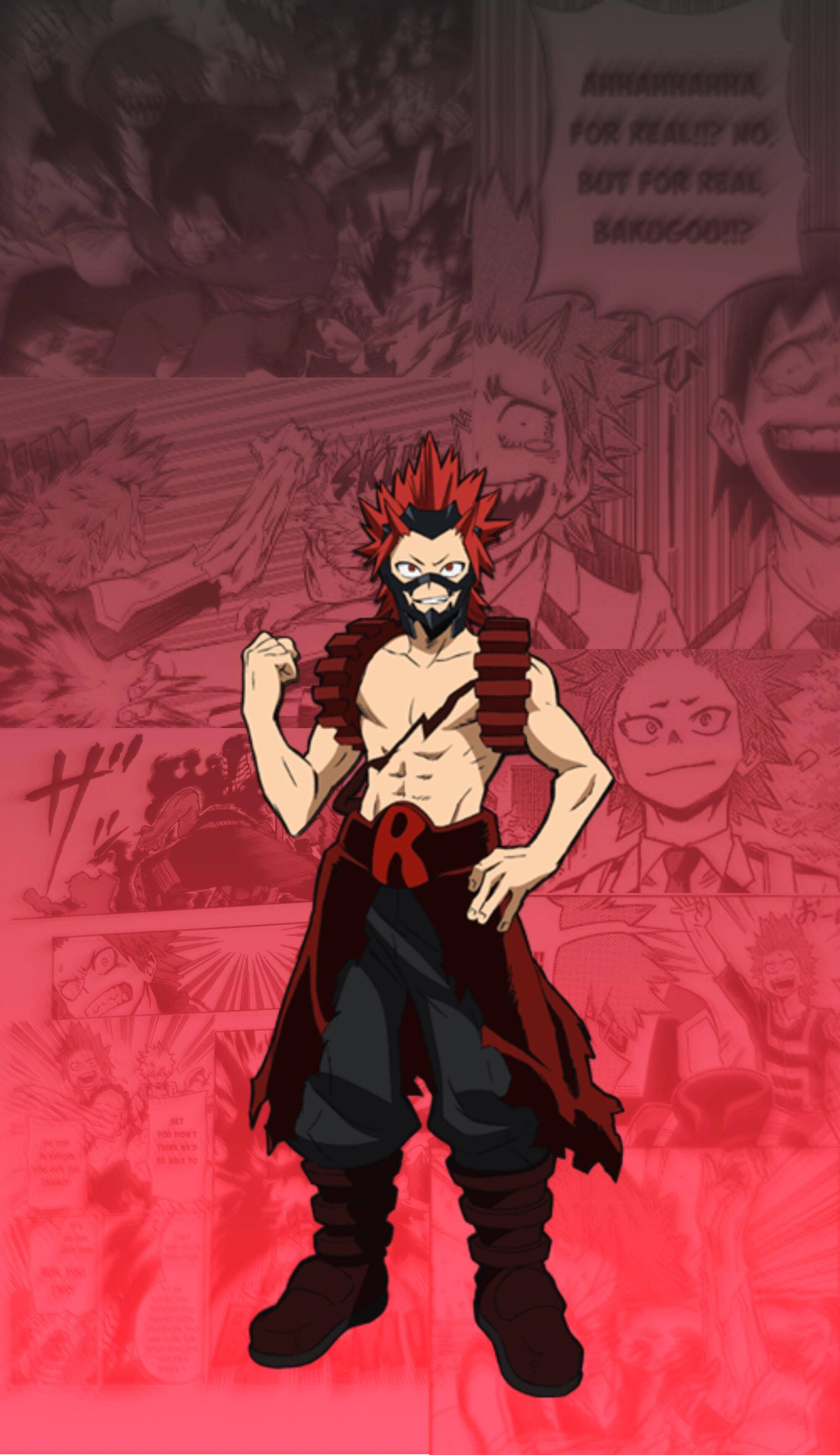 Kirishima 桌布 壁紙 — 一個肌肉發達的動漫角色，擁有紅色刺蝟頭和鬍鬚，自信地站在紅色調的漫畫面板背景中。