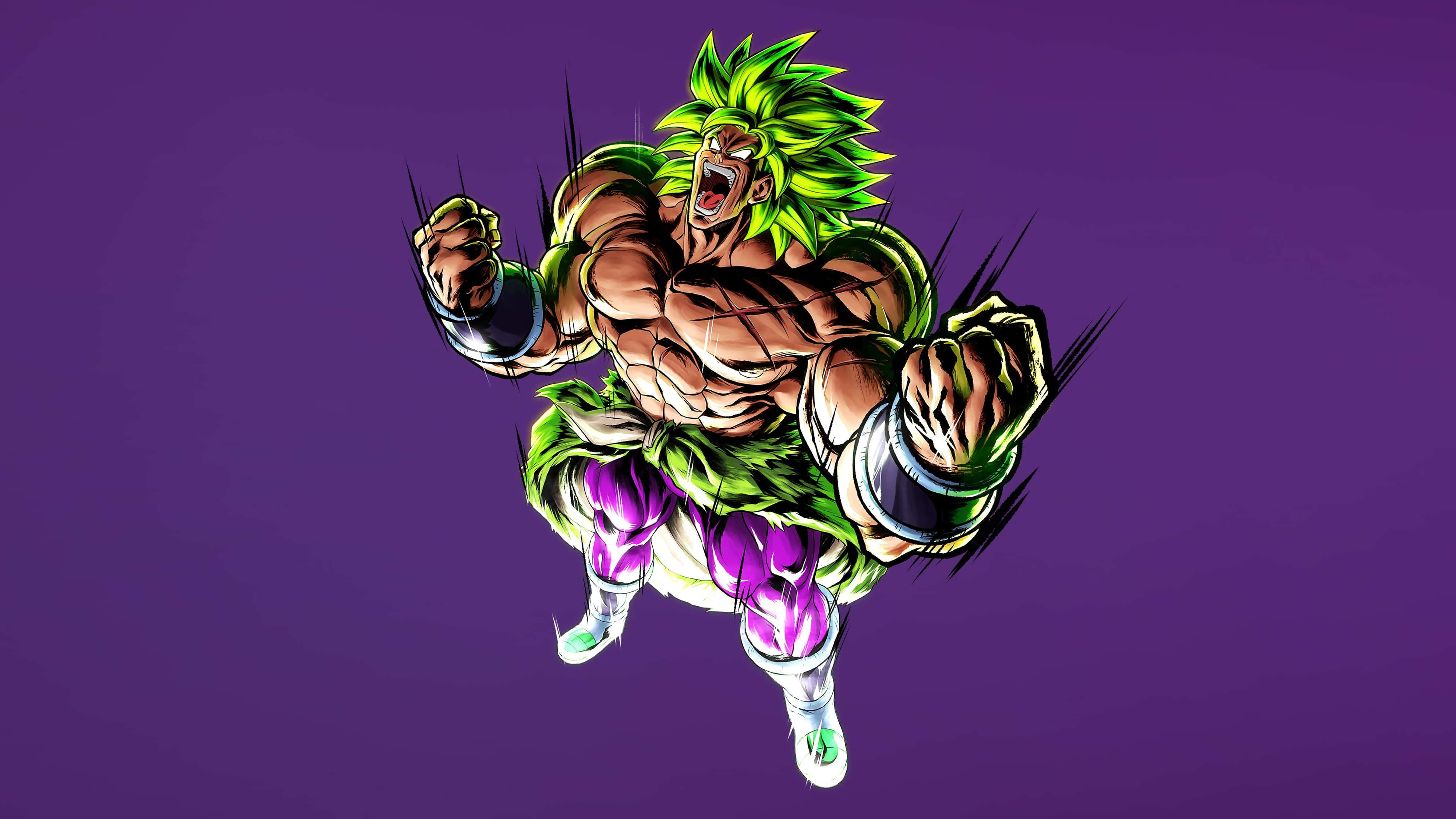Broly 4K 桌布 壁紙 — 一個肌肉發達的動漫角色，擁有綠色尖刺頭髮和紫色褲子，在純紫色背景上動態地咆哮。