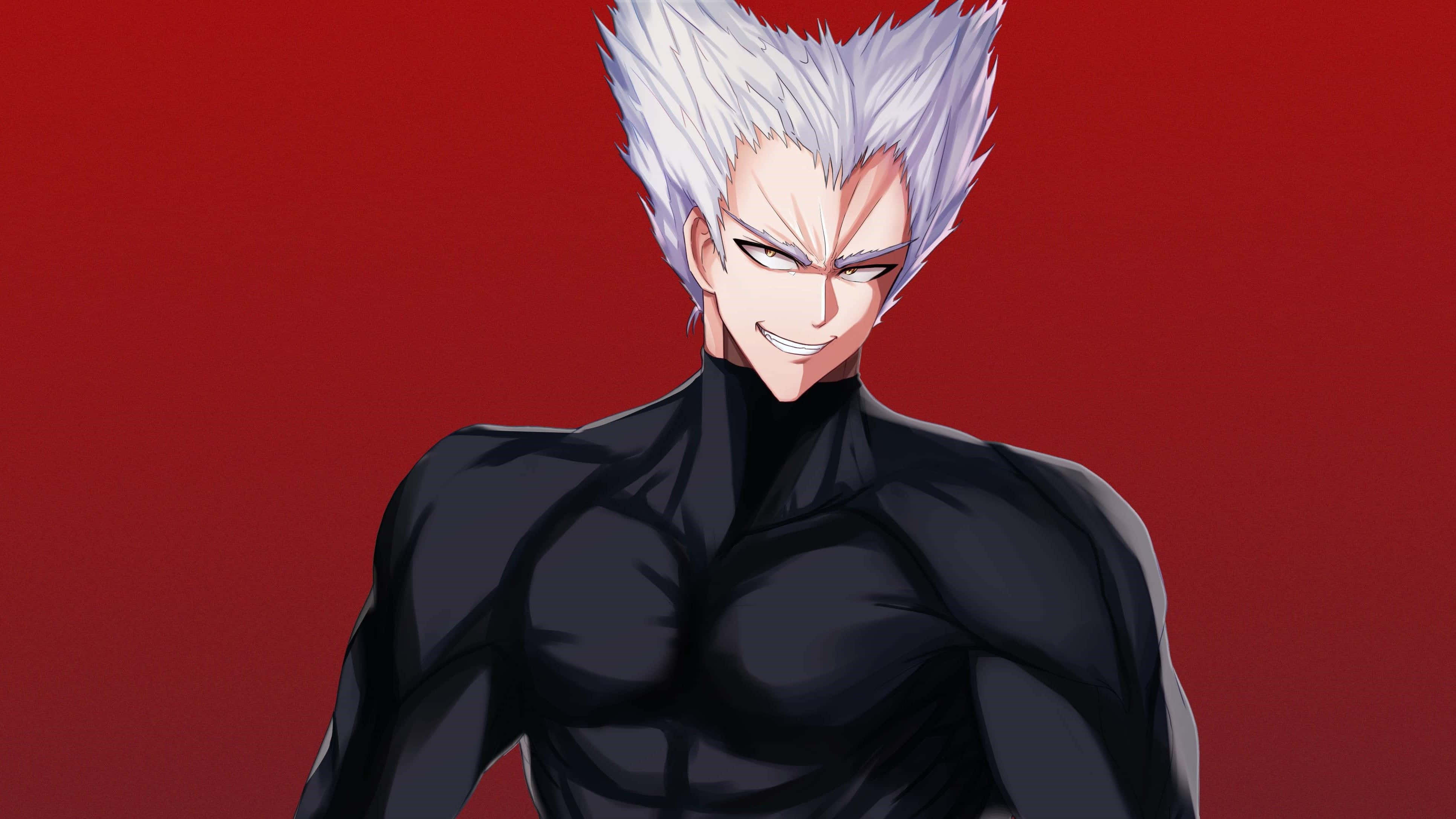 Garou 桌布 壁紙 — 一個肌肉發達的動漫角色，有著尖刺的白髮和自信的笑容，站在大膽的紅色背景前。