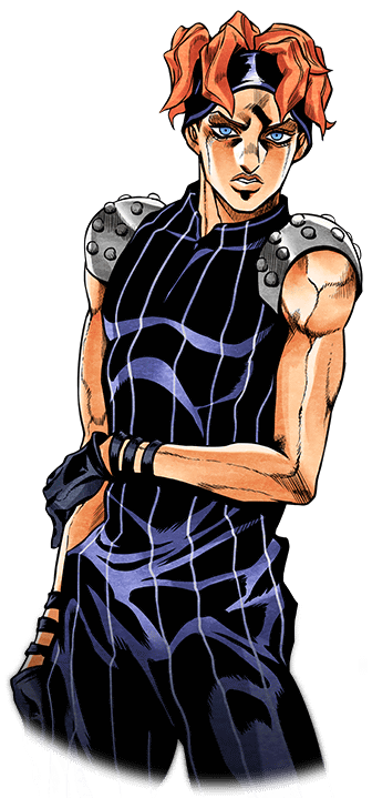 動漫 桌布 壁紙 — 一個肌肉發達的動漫角色，橙色頭髮和藍色眼睛，自信地穿著黑色和紫色的服裝，配有金屬肩甲。