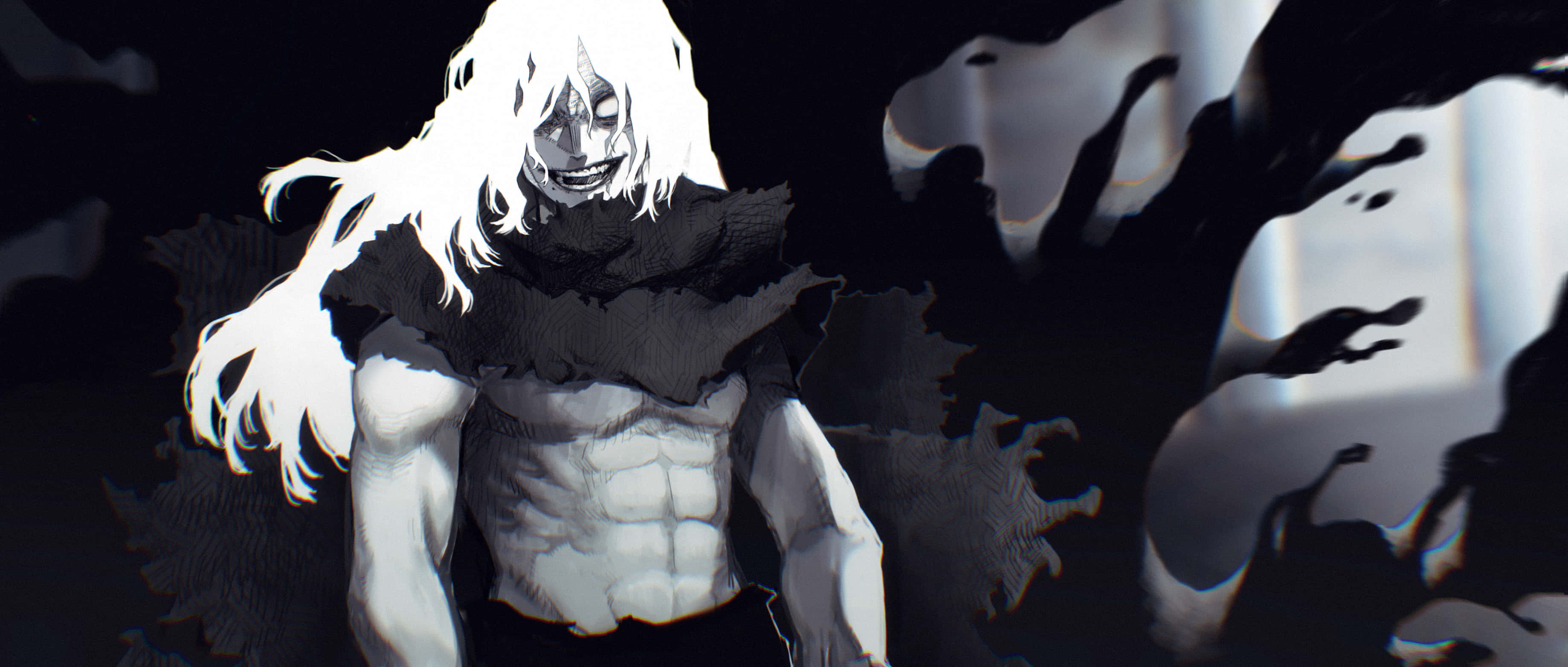 Tomura Shigaraki 桌布 壁紙 — 一個肌肉發達的動漫角色，白髮，帶著邪惡的笑容，從黑色背景上的深色墨水狀飛濺中浮現。