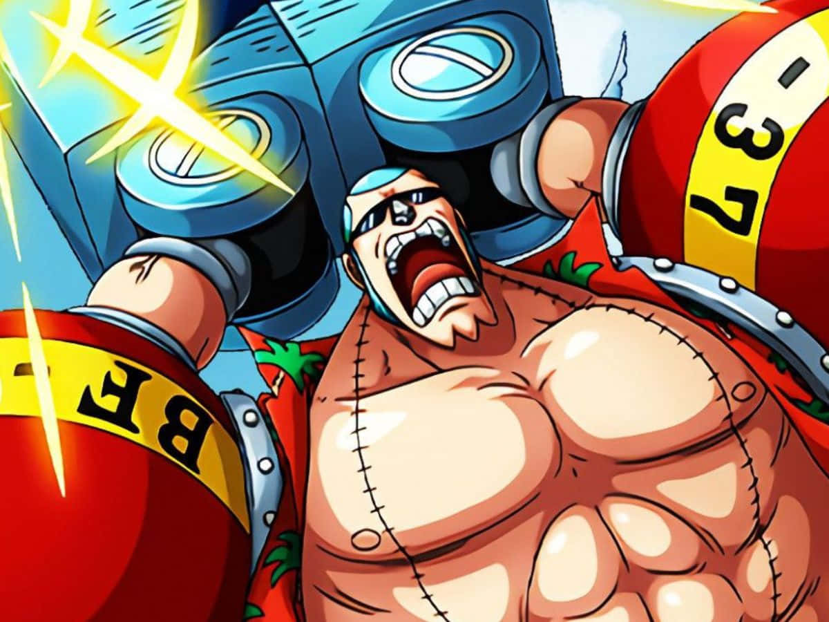 Franky 桌布 壁紙 — 一個肌肉發達的動漫角色，皮膚縫合，戴著太陽眼鏡，揮舞著巨大的機械手臂咆哮。