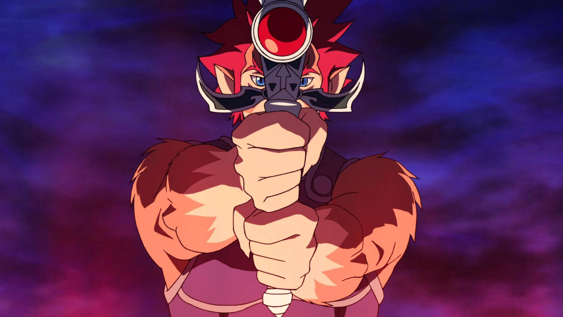 Thundercats 桌布 壁紙 — 一個肌肉發達的動漫角色，紅髮，戴著未來風格的頭盔，在旋轉的紫色和藍色天空背景下，將槍直接指向觀眾。