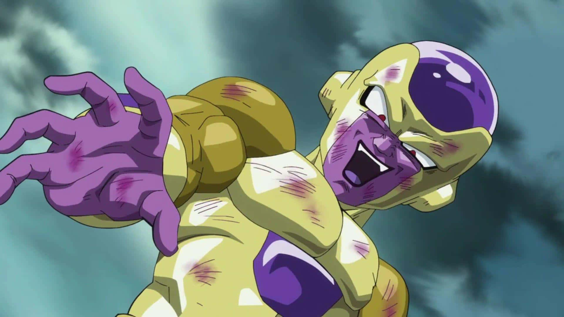 Golden Frieza 桌布 壁紙 — 一個肌肉發達的動漫角色，紫色皮膚和黃色盔甲，對著暴風雨的天空咆哮。