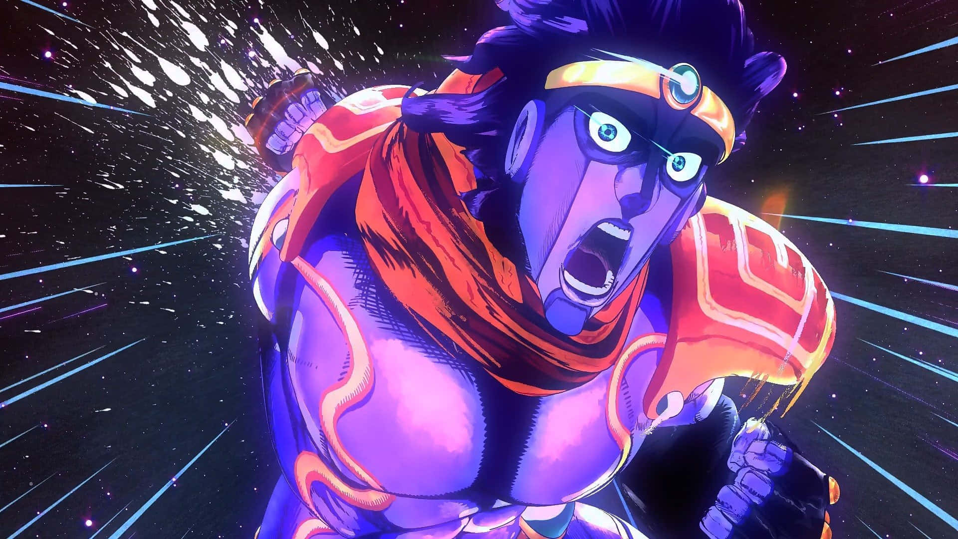 Jjba 桌布 壁紙 — 一個肌肉發達的動漫角色，紫色皮膚，橙色盔甲，在星光璀璨的宇宙背景下咆哮，身後有光跡。