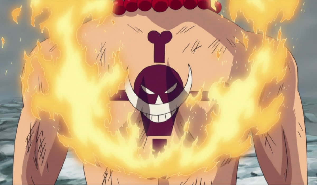 One Piece Ace's Death 桌布 壁紙 — 一個肌肉發達的動漫角色，胸前有火焰骷髏刺青，在暴風雨的海景背景下強勢站立。