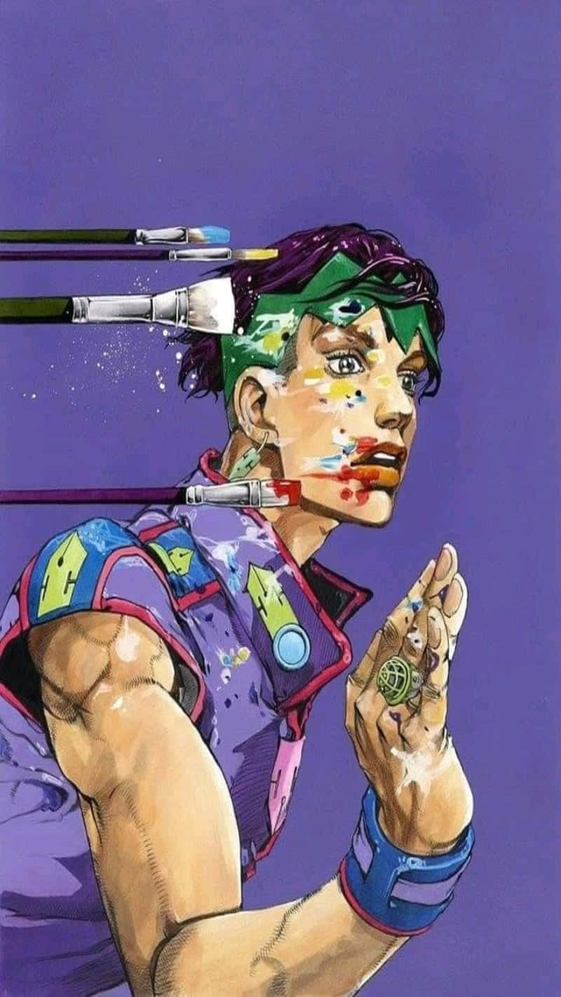 Rohan Kishibe 桌布 壁紙 — 一個肌肉發達的動漫角色，臉上沾滿顏料，頭上嵌著畫筆，背景為紫色。