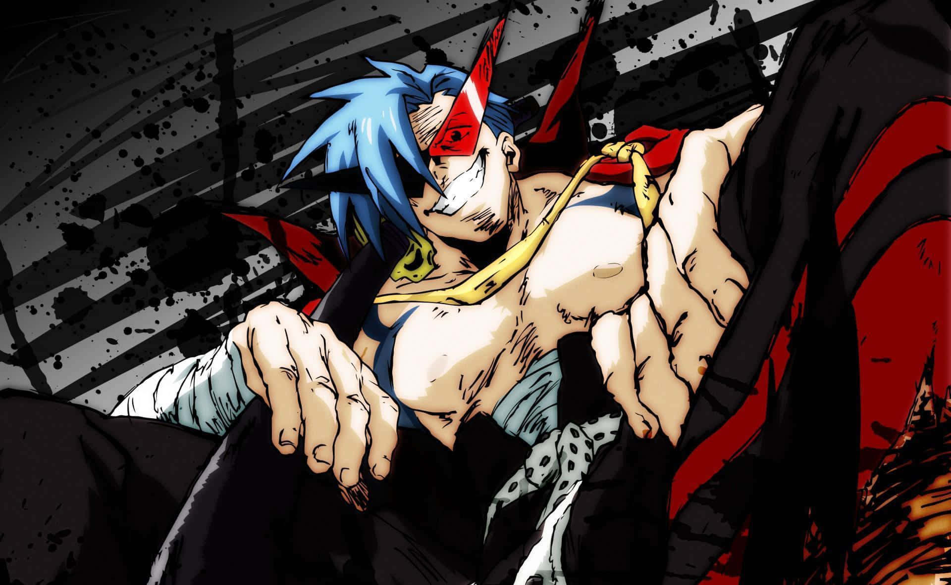 Gurren Lagann Kamina 桌布 壁紙 — 一個肌肉發達的動漫角色，藍色頭髮和紅色眼罩，在粗糙的黑色和灰色背景上兇狠地咧嘴笑。