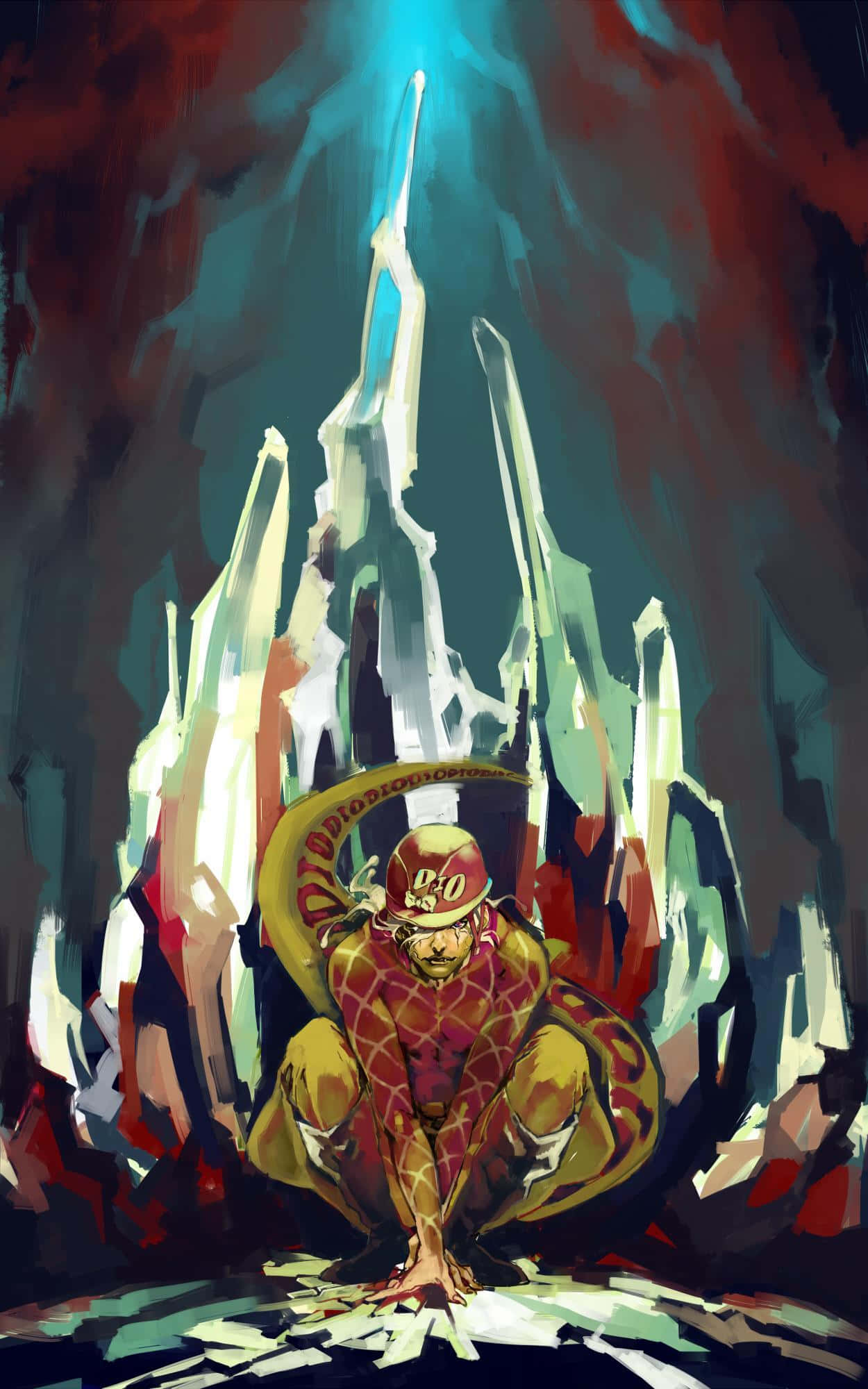 Diego Brando 桌布 壁紙 — 一個肌肉發達的動漫角色，身穿紅色和金色盔甲，在黑暗洞穴中跪在發光的晶體尖塔前。