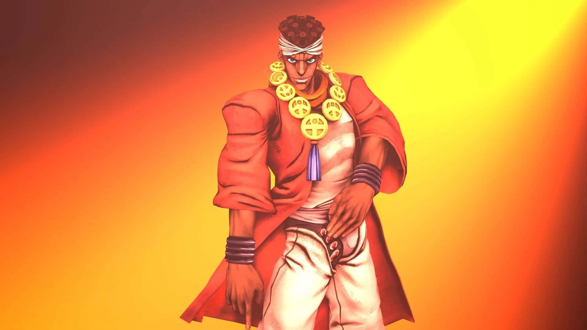 Muhammad Avdol 桌布 壁紙 — 一個肌肉發達的動漫角色，身穿紅色外套和金色和平項鍊，自信地站在耀眼的橙黃漸變背景前。