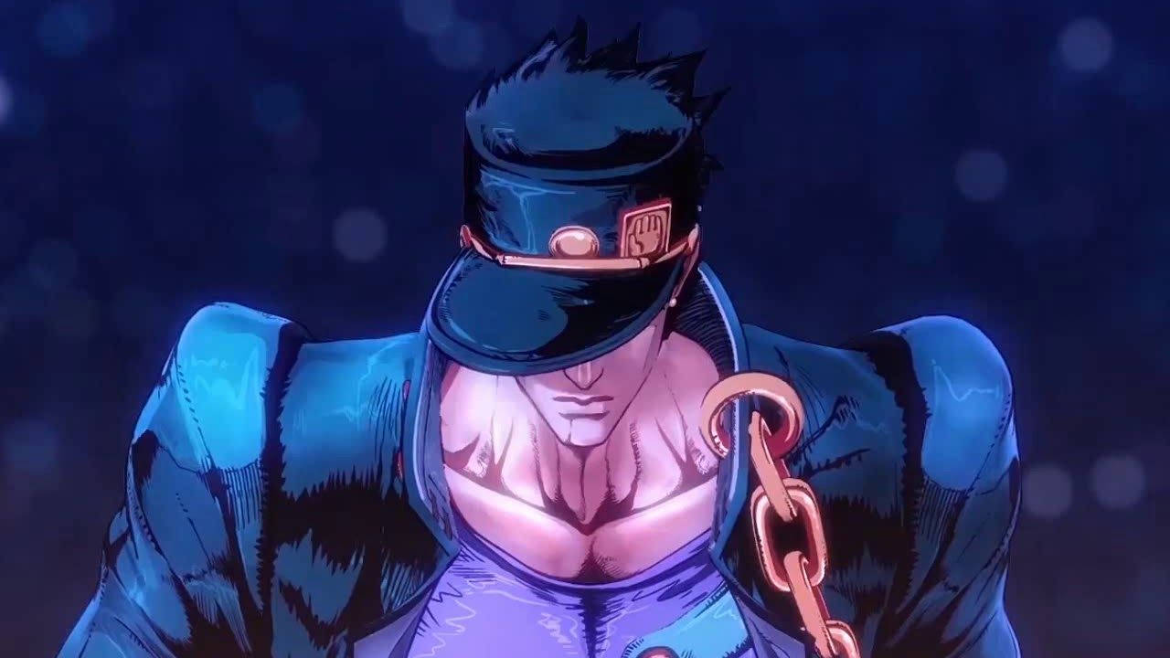 Jojo 桌布 壁紙 — 一個肌肉發達的動漫角色，身穿藍色外套和帽子，肩上披著一條鏈條，背景是深藍色散景。