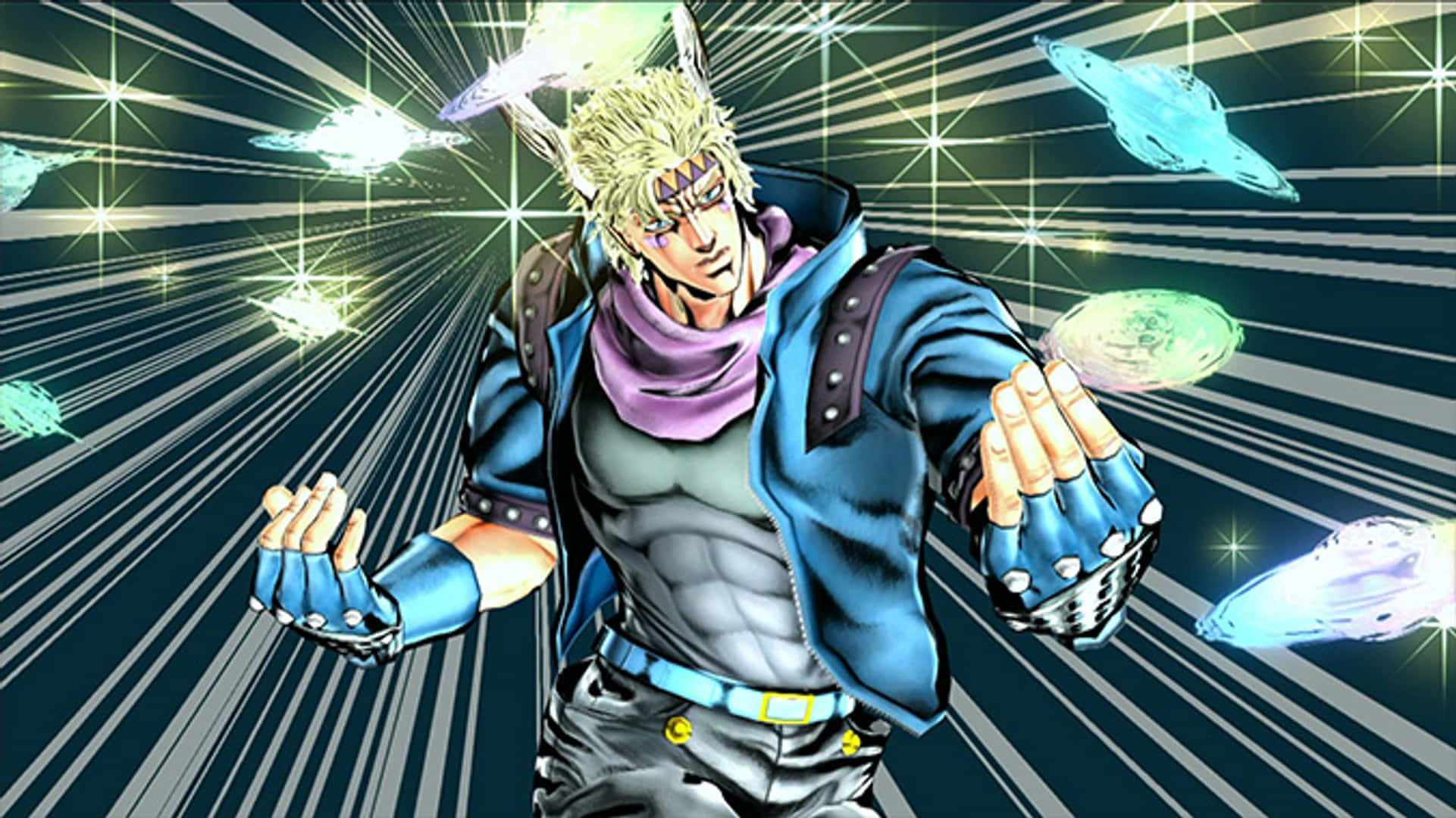 Caesar Anthonio Zeppeli 桌布 壁紙 — 一個肌肉發達的動漫角色，金髮紫圍巾，在星爆背景下釋放出發光的圓盤。