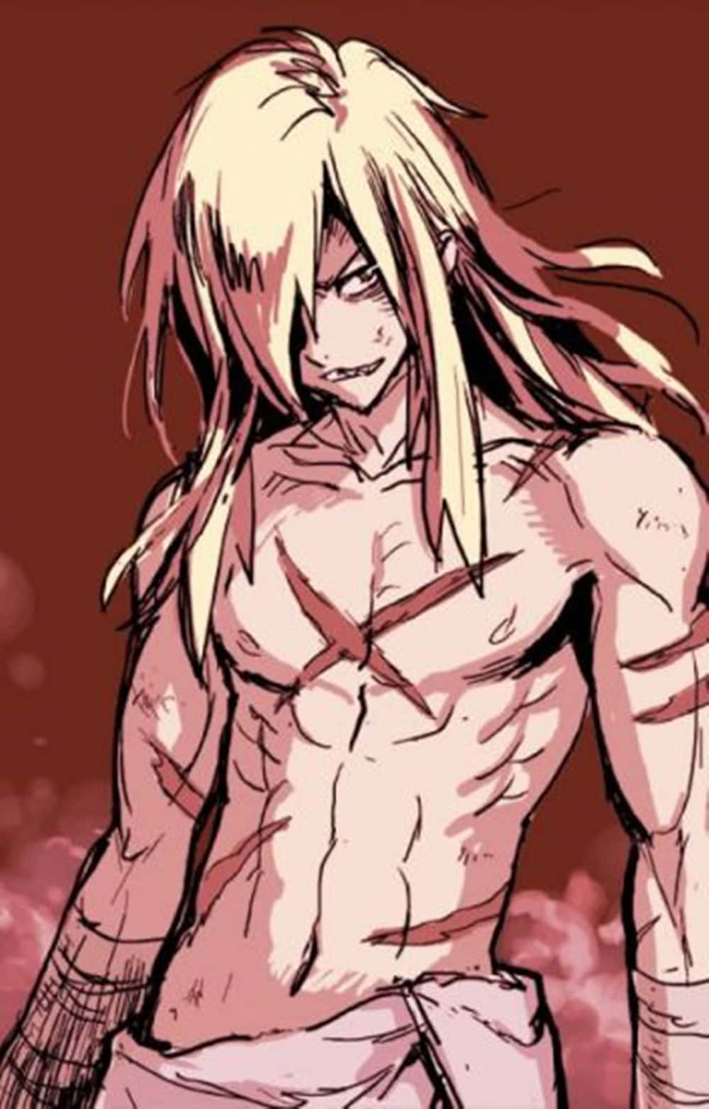 Gurren Lagann Viral 桌布 壁紙 — 一個肌肉發達的動漫角色，長著金色長髮，表情嚴肅，站在深紅色背景前。
