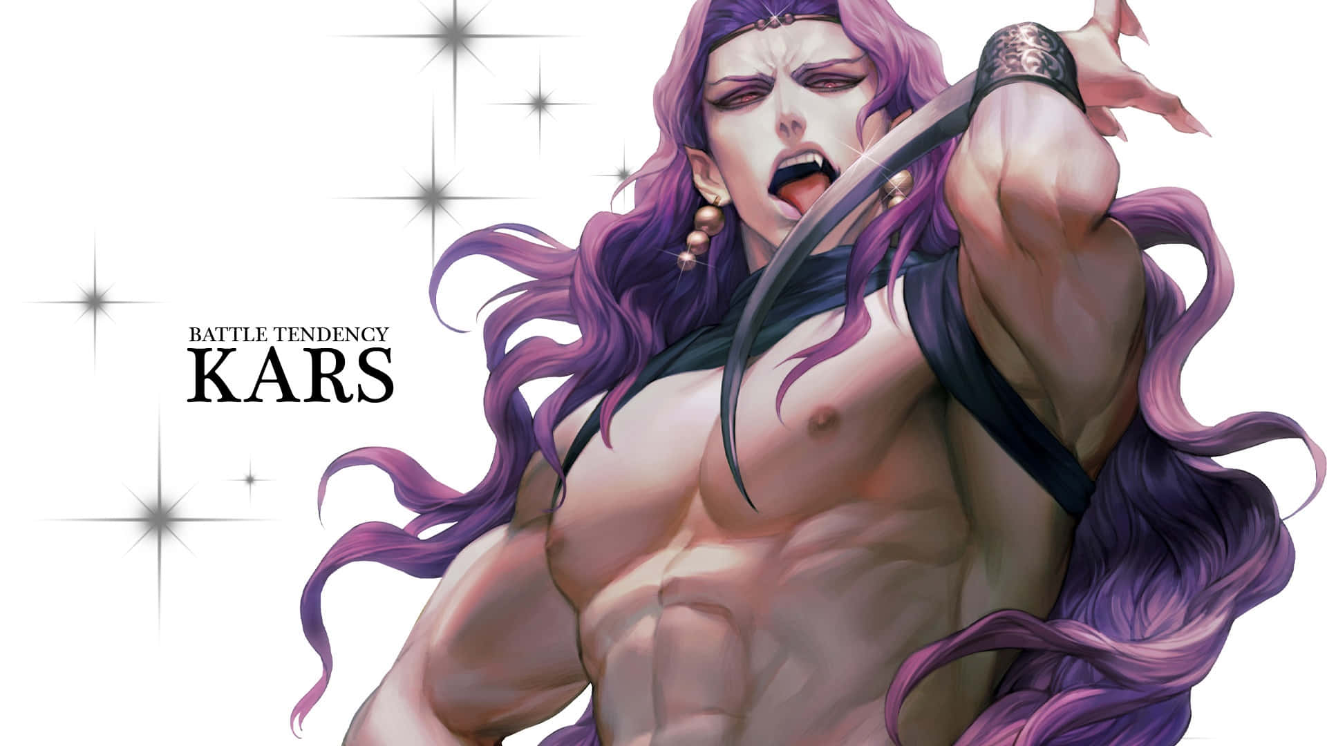Battle Tendency 桌布 壁紙 — 一個肌肉發達的動漫角色，長長紫色頭髮，在閃爍的白色背景上揮舞著彎曲的刀刃。
