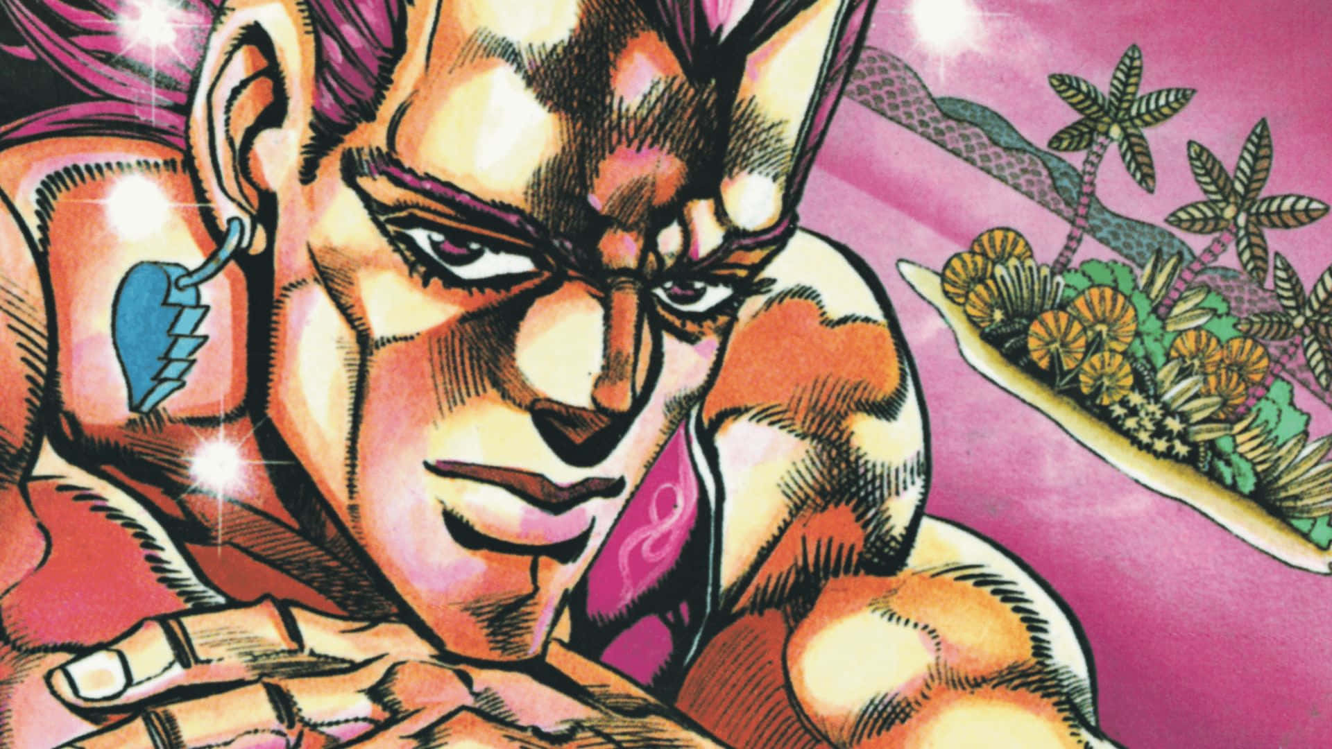 Jean Pierre Polnareff 桌布 壁紙 — 一個肌肉發達的動漫角色，面容銳利，帶有心形刺青，在充滿熱帶植物的鮮豔粉紅色背景下凝視著。