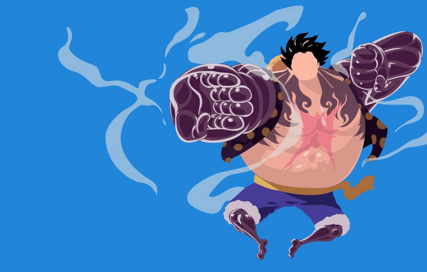 luffy gear 4 桌布 壁紙 — 一個肌肉發達的動漫角色，黑髮，紅色刺青，在純藍色背景上揮舞著巨大的拳頭向前衝。