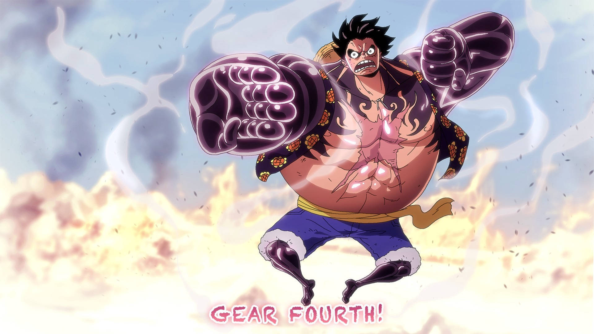 luffy 4K 桌布 壁紙 — 一個肌肉發達的動漫角色以四檔形態咆哮，發光的拳頭襯托著火焰般的天空背景。