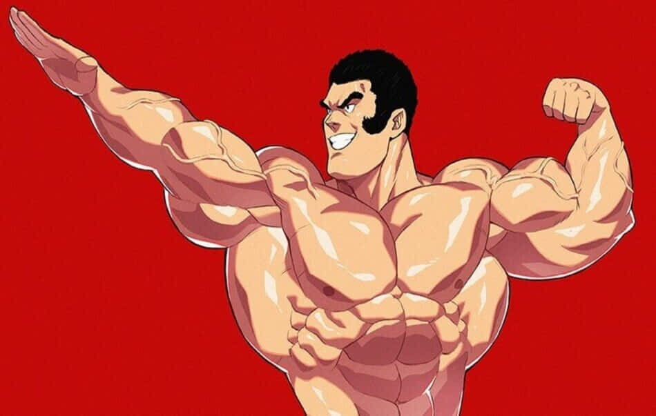 Musashi Goda 桌布 壁紙 — 一個肌肉發達的動漫角色在純紅色背景前彎曲二頭肌，露出自信的笑容。