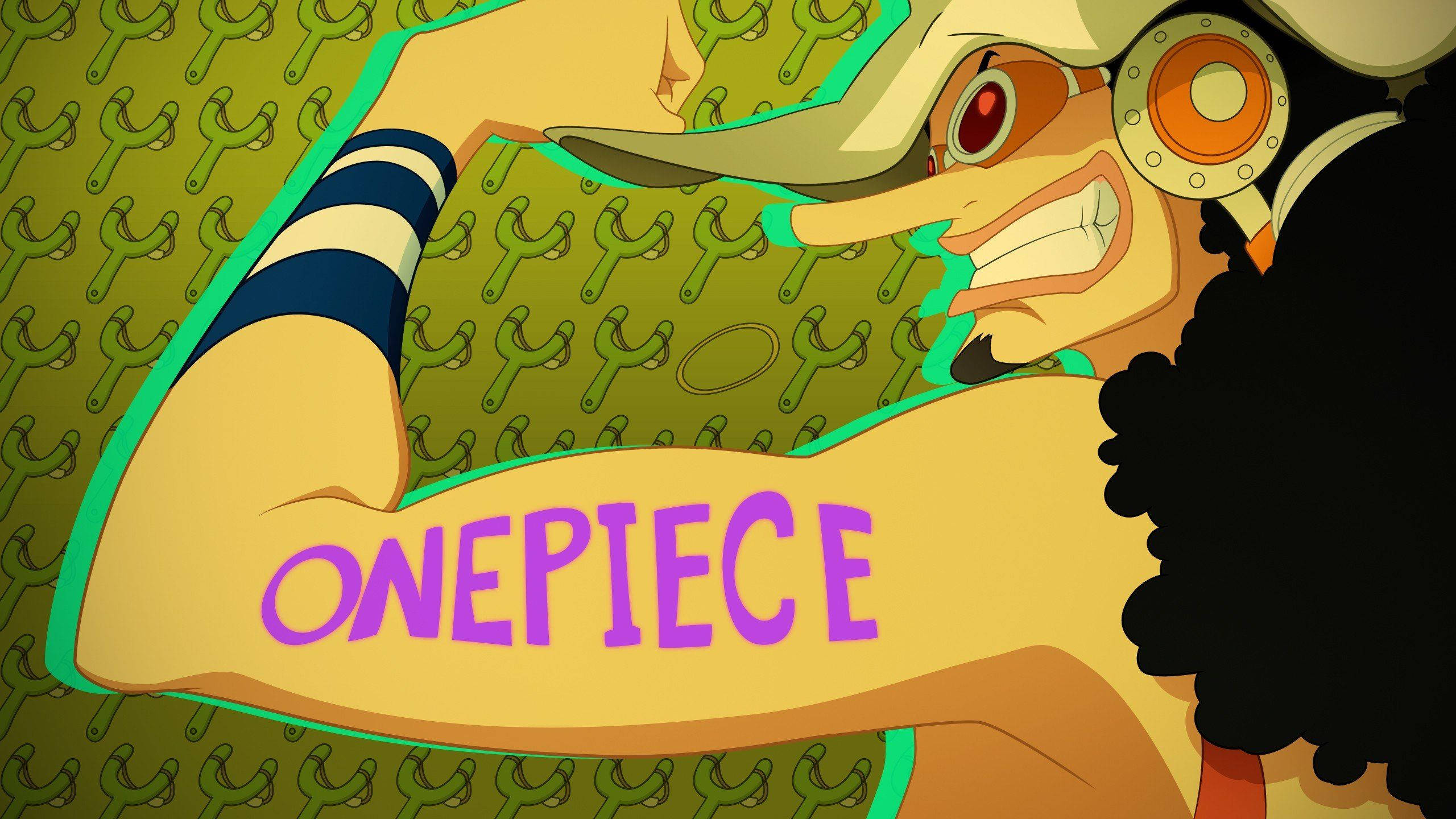 one piece usopp 桌布 壁紙 — 一個肌肉發達的動漫角色在綠色圖案背景前彎曲手臂，展示「ONEPIECE」這個詞。