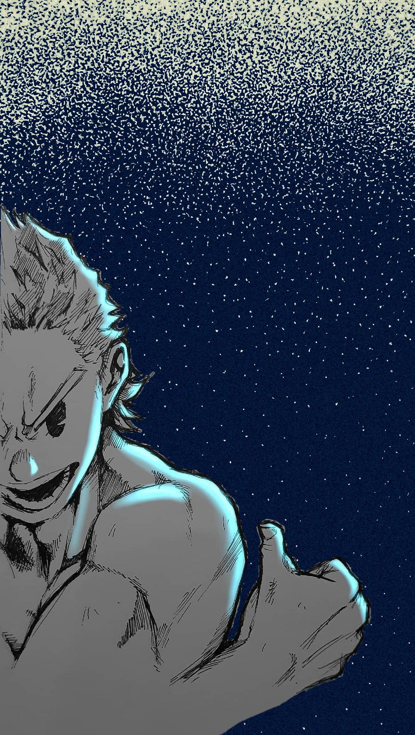 Lemillion 桌布 壁紙 — 一個肌肉發達的動漫角色在繁星點點的夜空下豎起大拇指，周圍有發光的粒子。