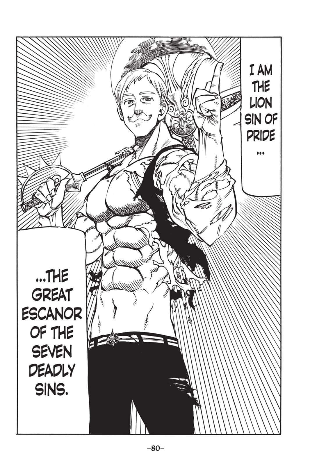 Escanor 桌布 壁紙 — 一個肌肉發達的動漫角色戴著獅子頭盔，在動態黑白漫畫面板中宣稱自己是「傲慢之罪的獅子」。