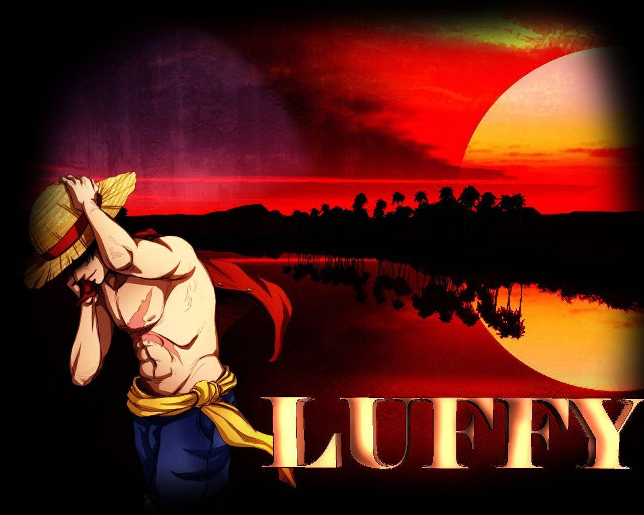 Luffy 桌布 壁紙 — 一個肌肉發達的動漫角色戴著草帽，站在水上棕櫚樹前火紅的日落前。
