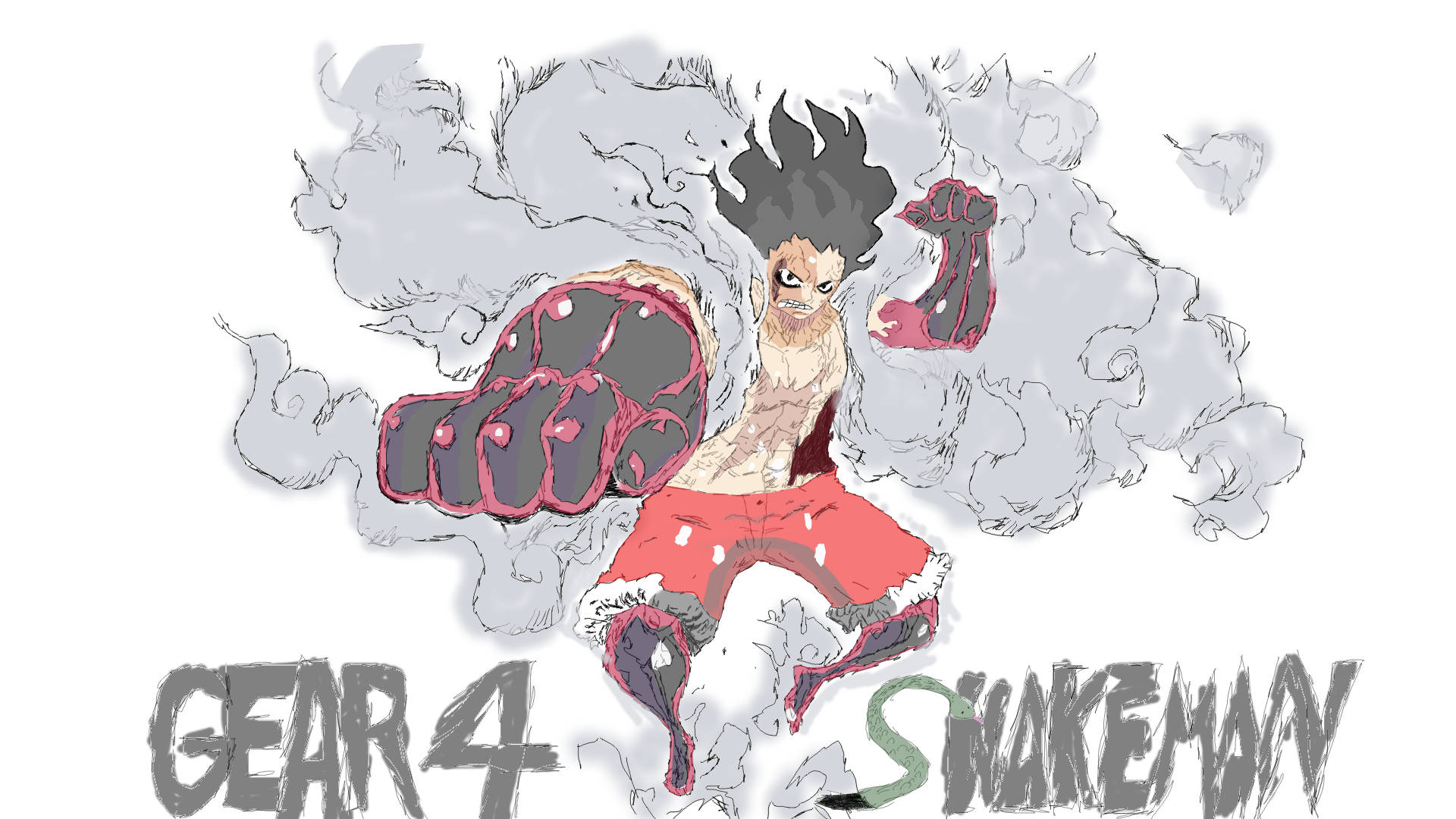 luffy gear 4 桌布 壁紙 — 一個肌肉發達的動漫角色穿著紅色短褲，在旋轉的煙霧和能量中釋放出強力一拳。
