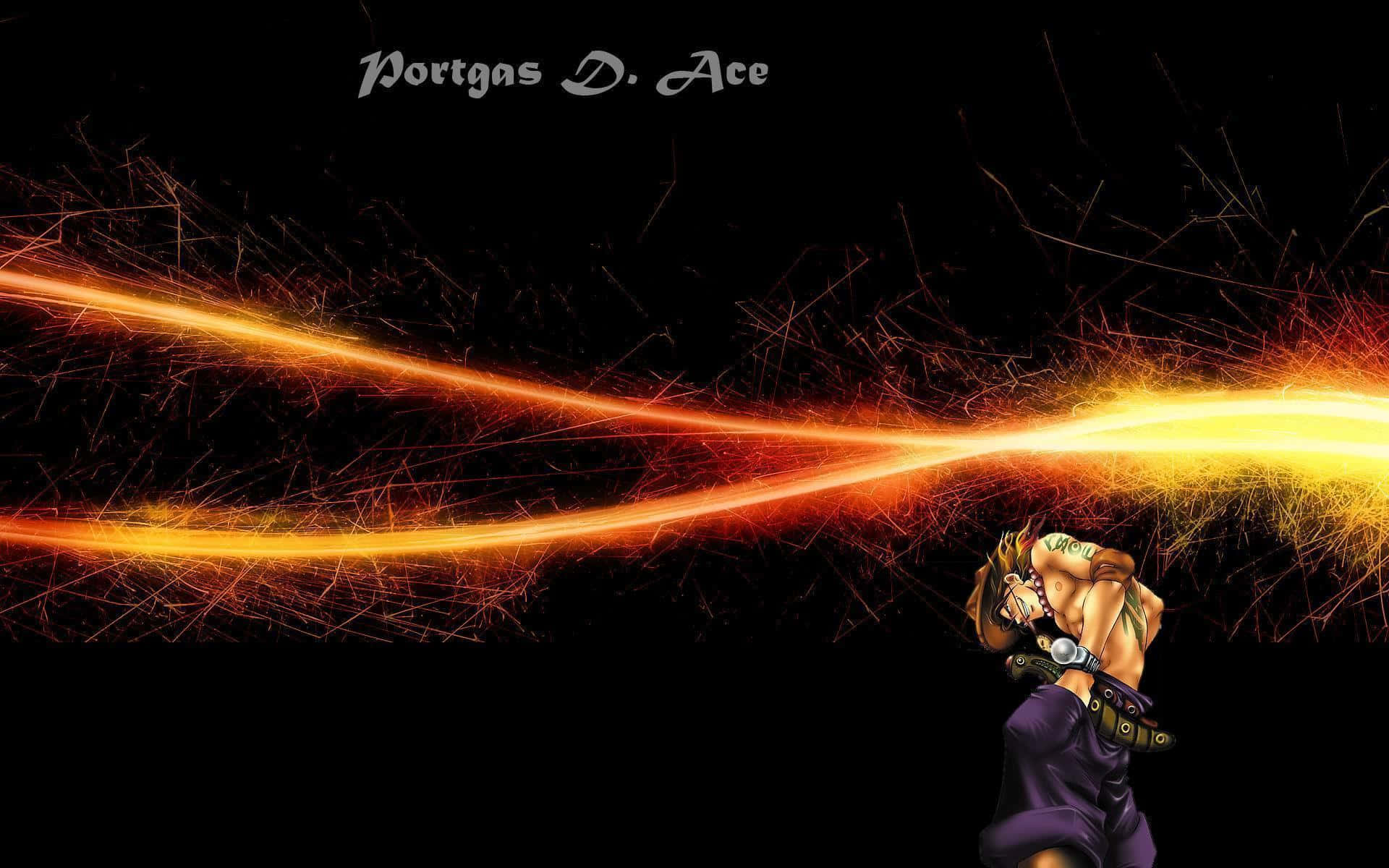 portgas d ace 桌布 壁紙 — 一個肌肉發達的動漫角色穿著紫色褲子，在黑色背景上釋放出熾熱的橙色能量爆炸，伴隨著發光的火花。