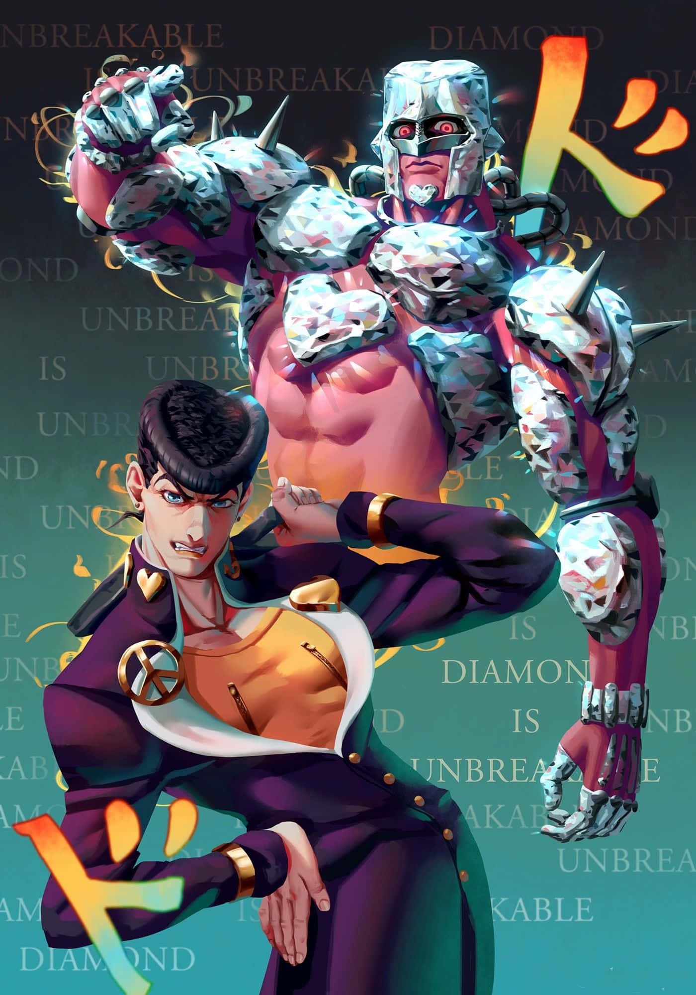 Diamond Is Unbreakable 桌布 壁紙 — 一個肌肉發達的動漫角色穿著紫色西裝，自信地站在一個身穿鑽石般盔甲、眼睛發紅光的巨型裝甲戰士旁邊。