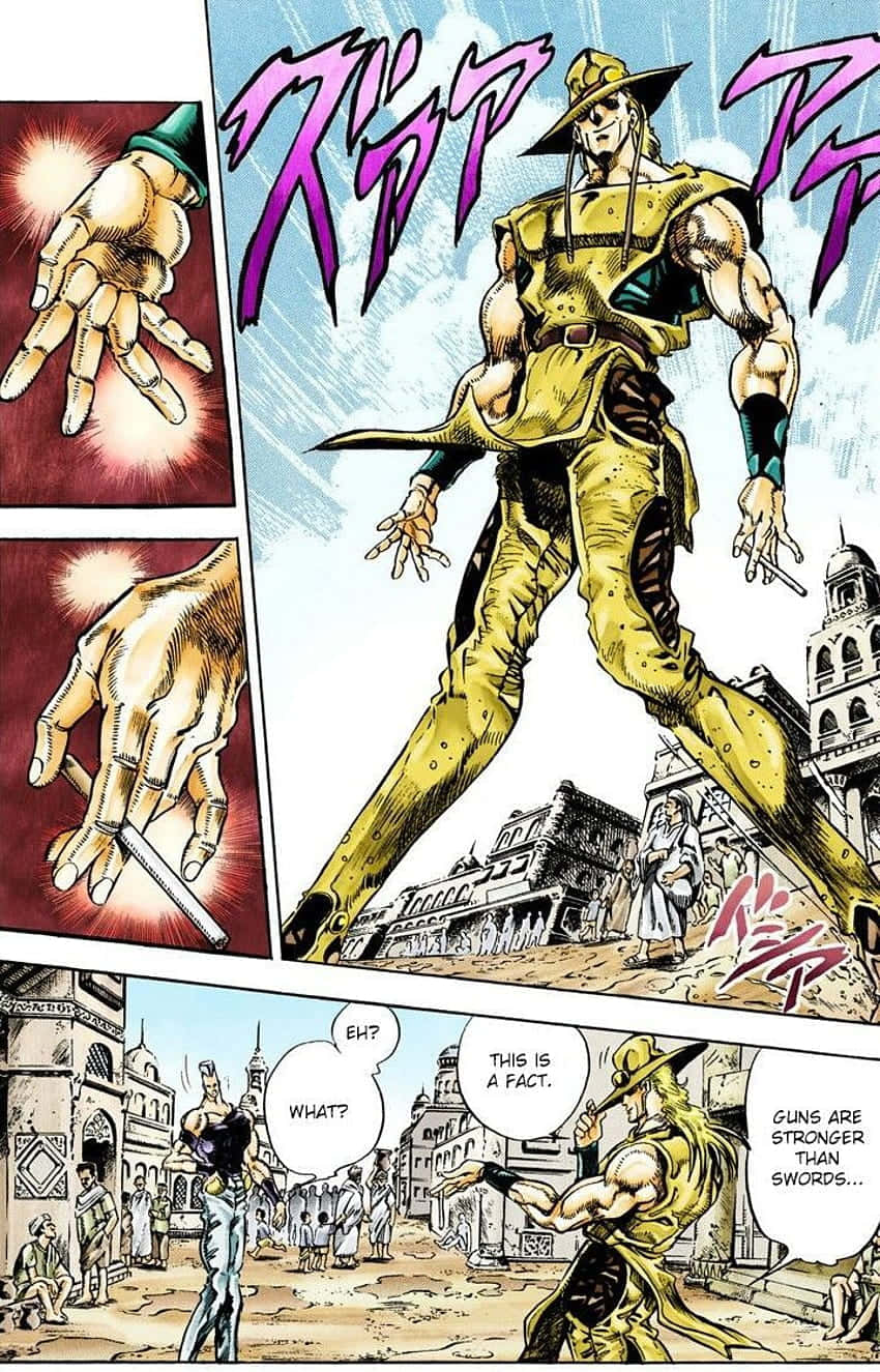 Hol Horse 桌布 壁紙 — 一個肌肉發達的動漫角色穿著黃色服裝，英雄般地站在漫畫格中，展示發光的手和對話。