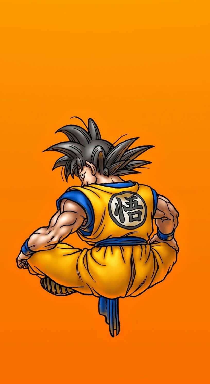 Funny Goku 桌布 壁紙 — 一個肌肉發達的動漫角色穿著黃色道服，黑色刺蝟頭，在純橙色背景中懸浮在半空中。
