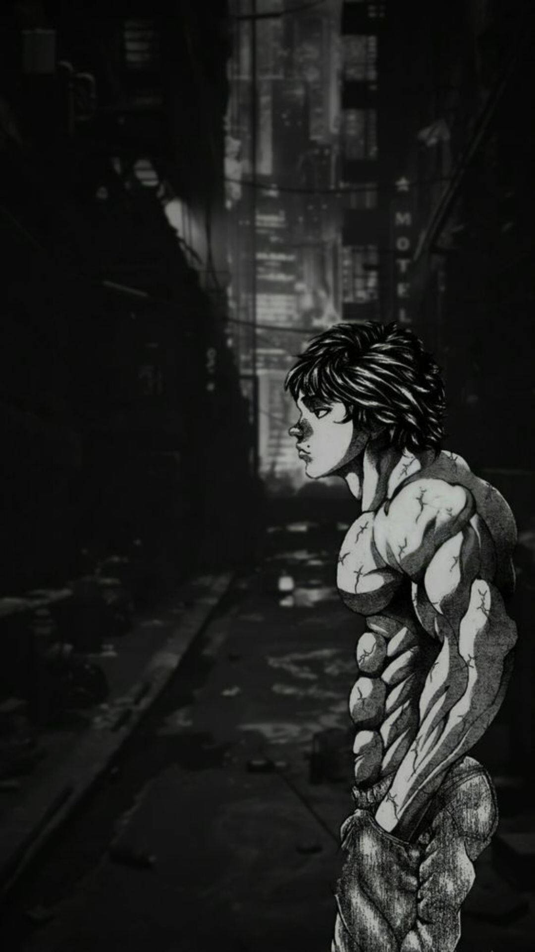 Baki 桌布 壁紙 — 一個肌肉發達的動漫角色站在燈光昏暗的城市小巷中，背景是高聳的建築物和發光的霓虹燈招牌。